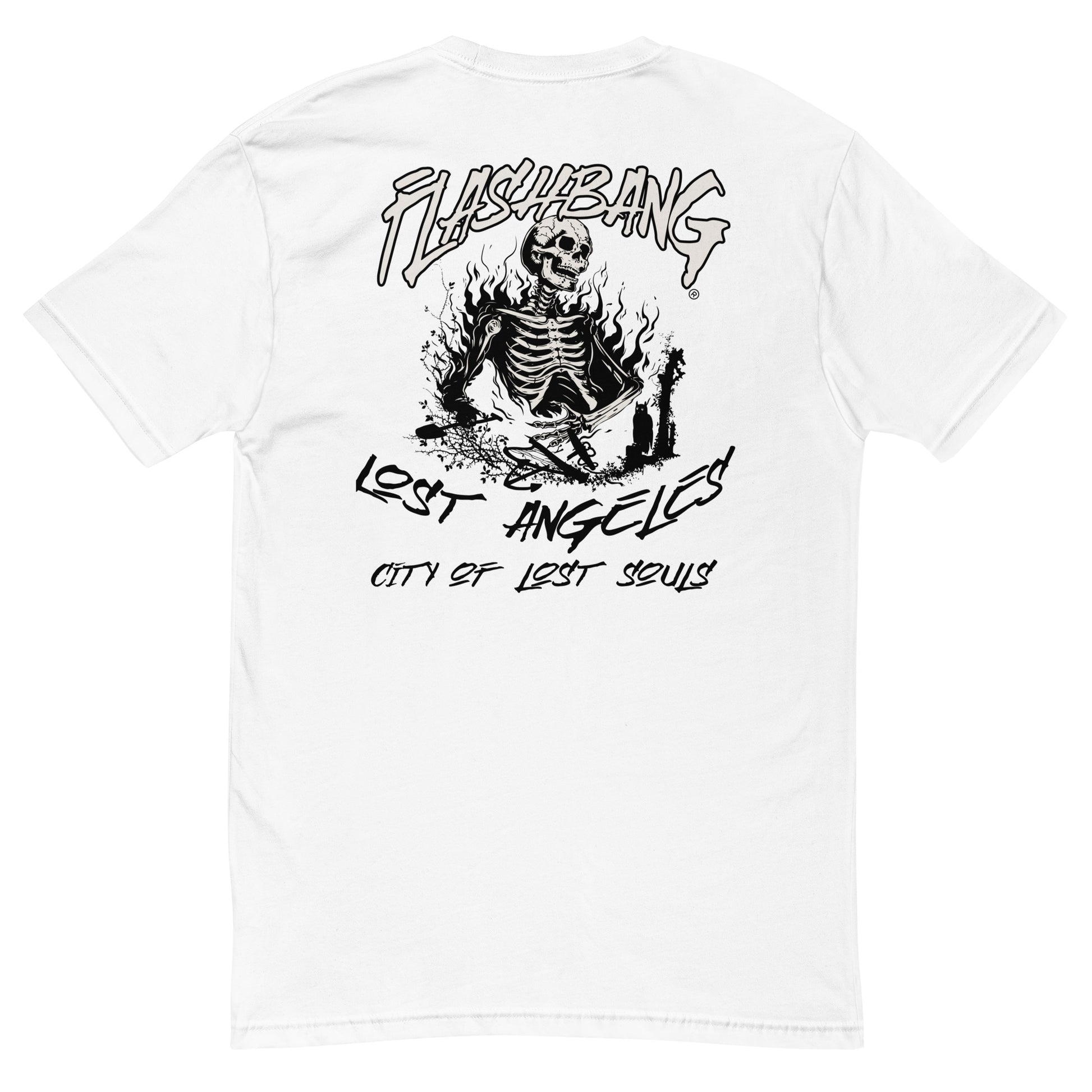 LA Lost Souls Lite T-shirt featuring skeleton designs, Los Angeles Text - Back View - White