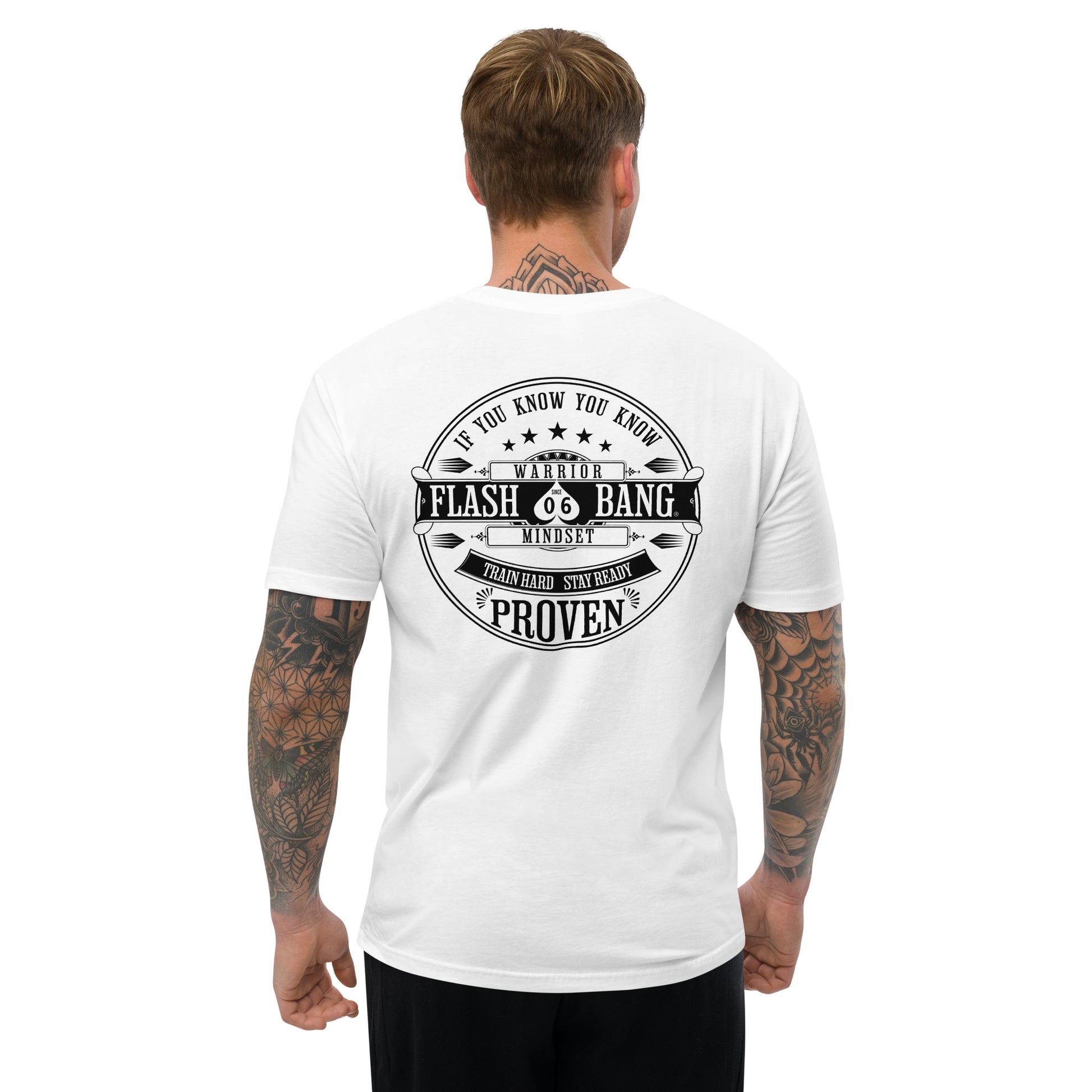 Train Hard Stay Ready Lite T-shirt featuring motivational shirt graphic design with train hard quotes - Back View- White - Model Guy