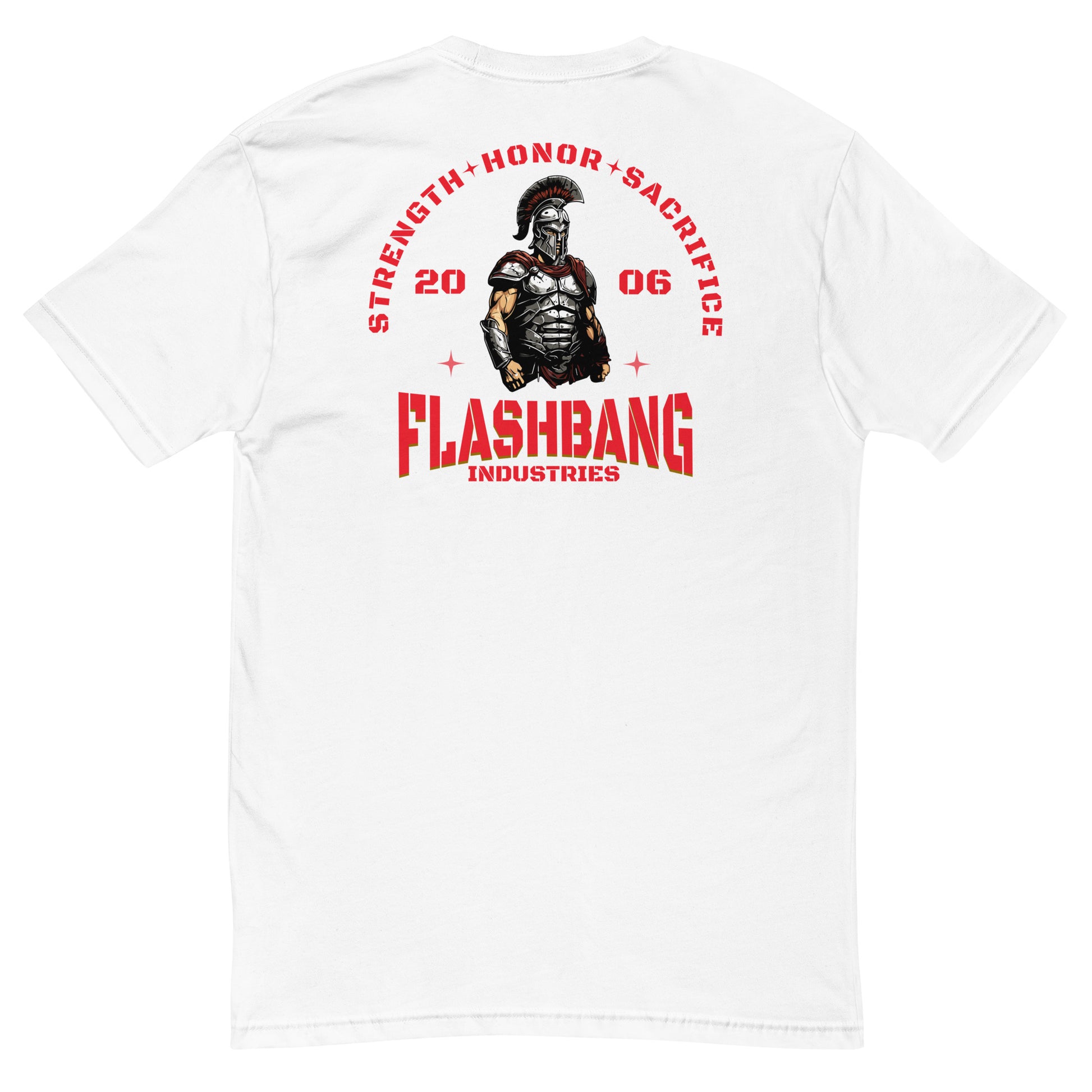 White t-shirt with graphic design and text on a white background