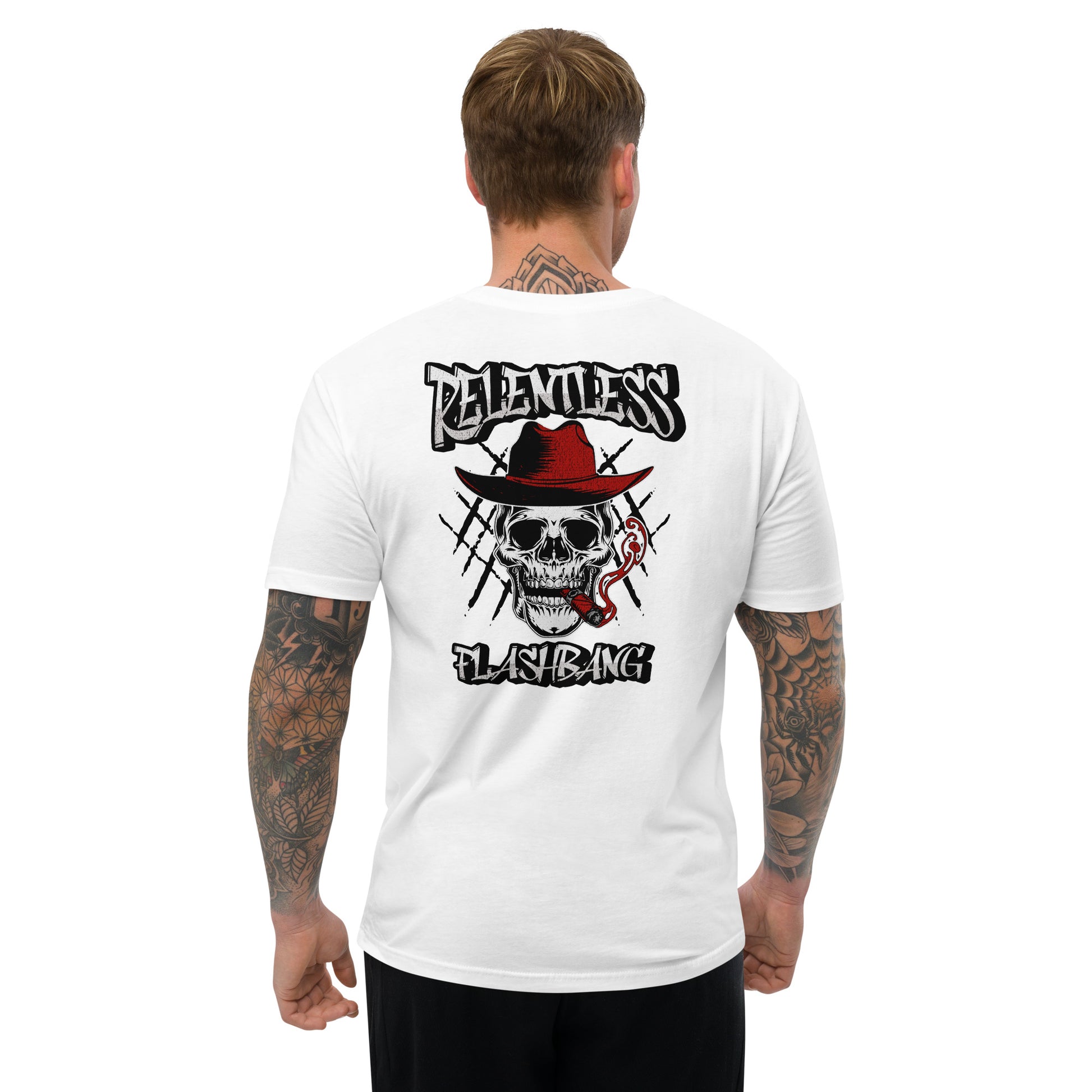 Relentless Lite T-shirt with skull graphic, men's skull tee designed for strength and pride - Back View - White - Model Guy