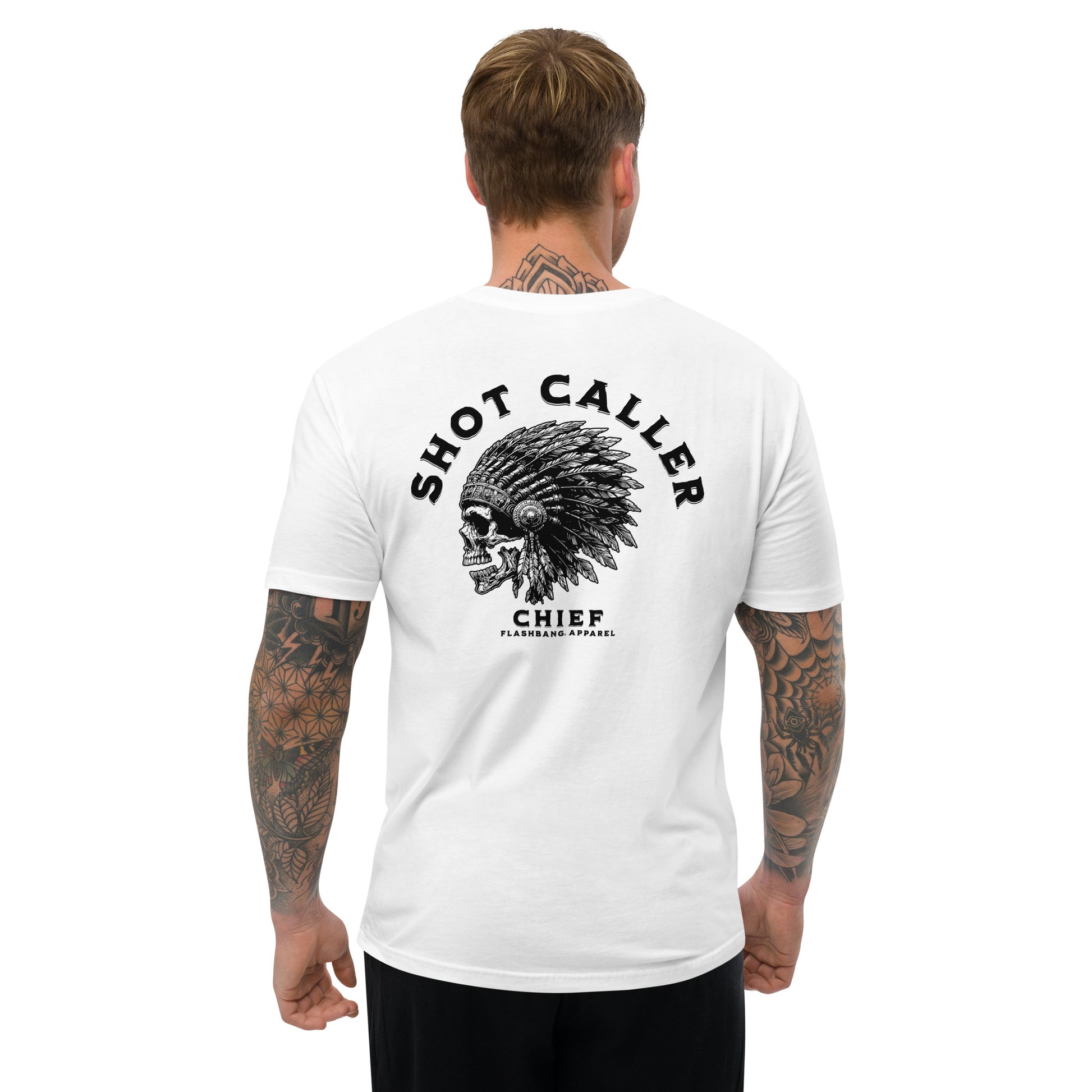 Shot Caller Lite T-shirt with warrior skull design, tribal chiefs tee shirt, and ultimate warrior graphic for bold streetwear style - Back View - White - Mode Guy