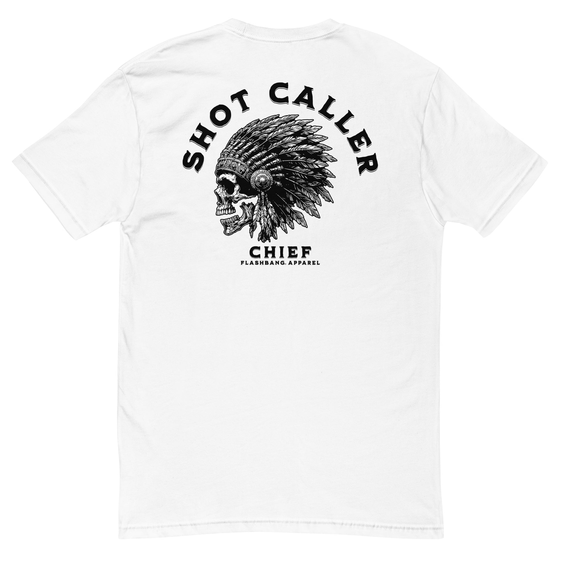 Shot Caller Lite T-shirt with warrior skull design, tribal chiefs tee shirt, and ultimate warrior graphic for bold streetwear style - Back View - White