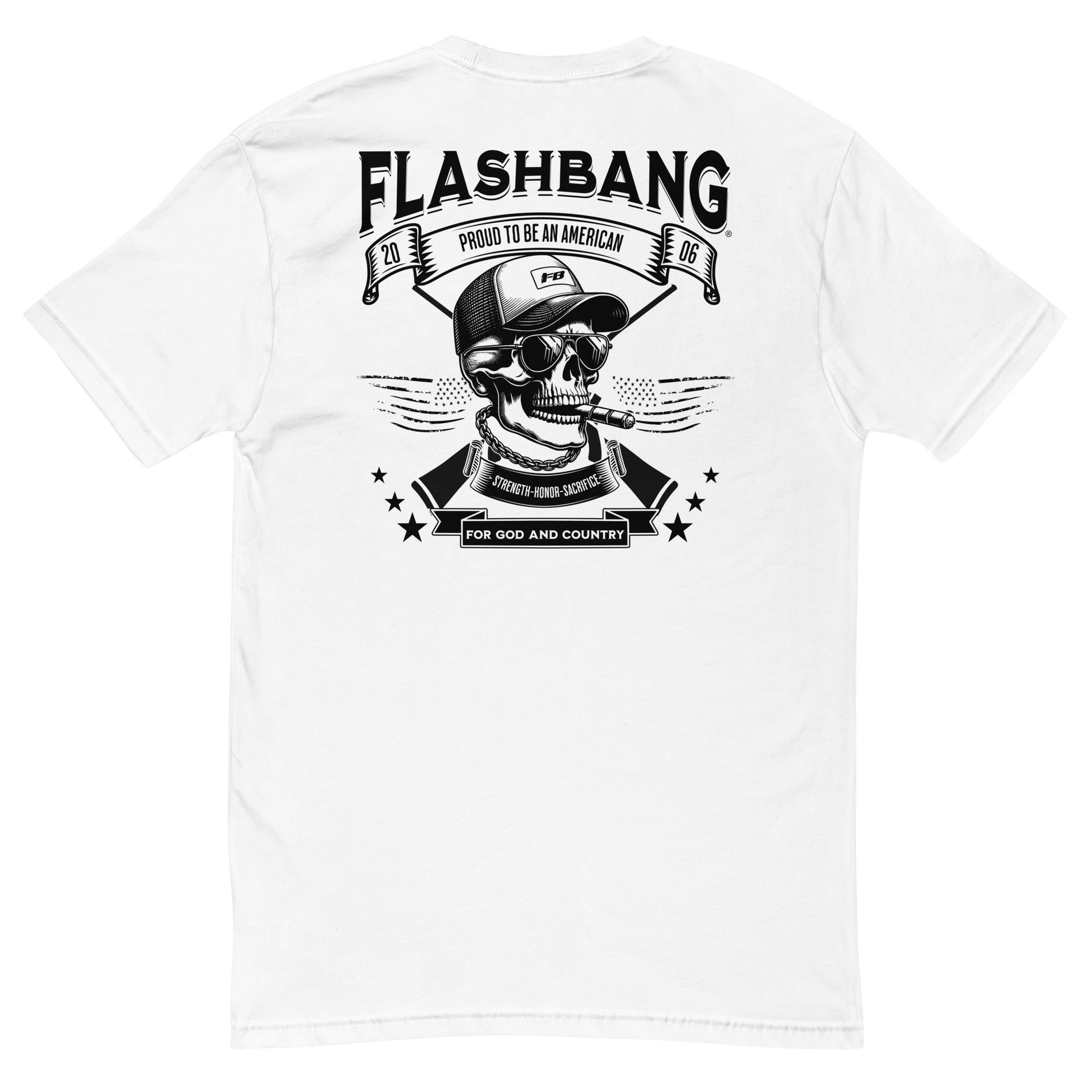 Proud American Lite T-shirt featuring skull graphic design, patriotic message for strength and honor - Back View - White