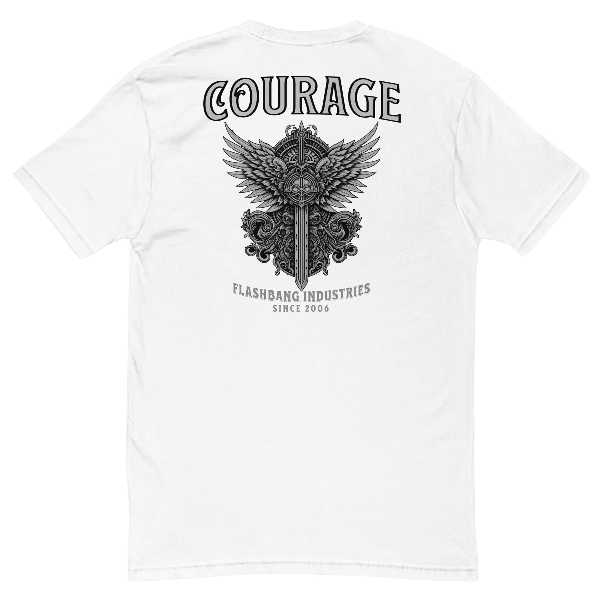 Courage T-shirt with sword and wings graphic, honoring brave soldiers - Back View - White
