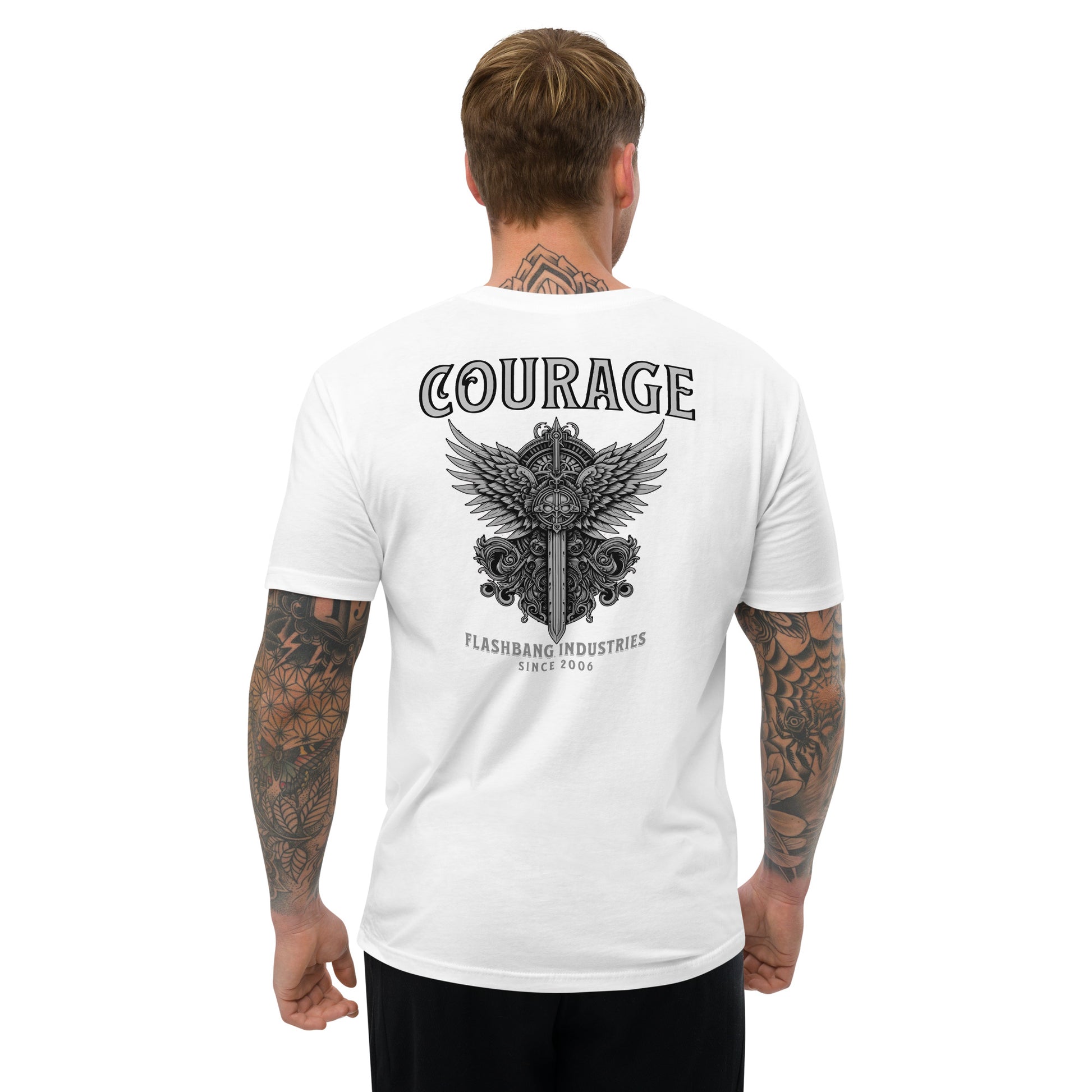 Courage T-shirt with sword and wings graphic, honoring brave soldiers - Back View - White - Model Guy