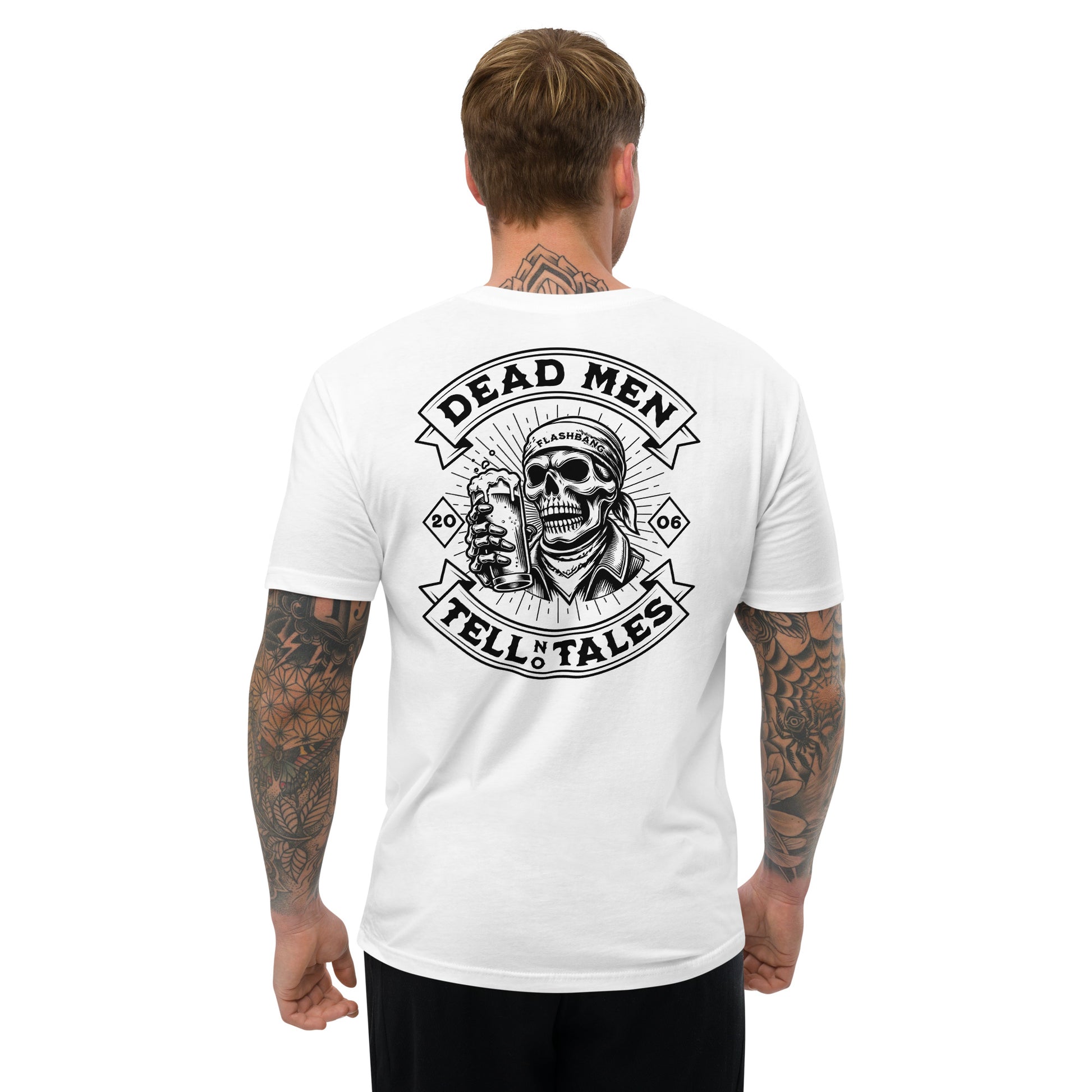 Dead Men Tell No Tales Lite T-shirt showcasing a skull and beer graphic - Back View - White - Model Guy