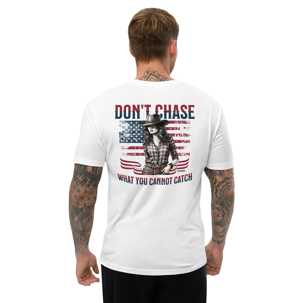 Don't Chase Lite T-shirt, cowgirl and Western shirt for men, perfect for rodeo and Western style enthusiasts - Back View - White - Model Guy