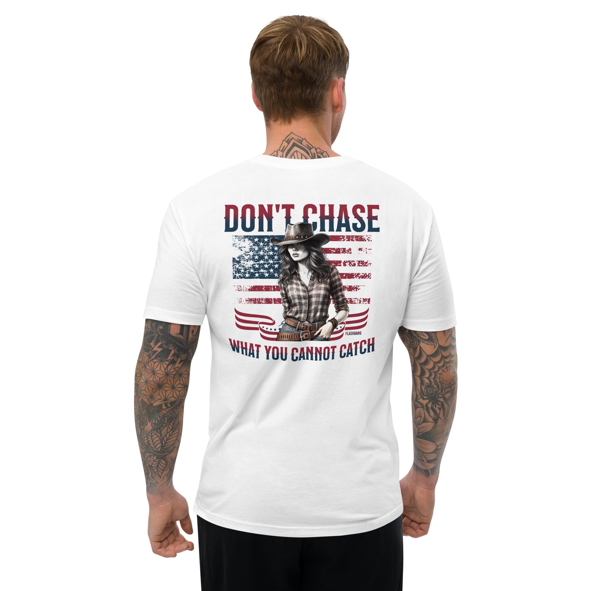 Don't Chase Lite T-shirt, cowgirl and Western shirt for men, perfect for rodeo and Western style enthusiasts - Back View - White - Model Guy