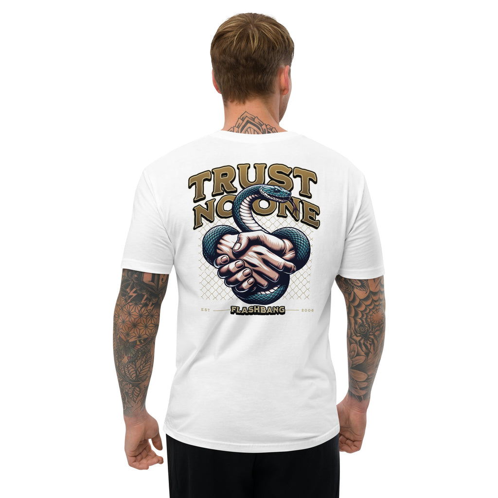 Trust No One T-shirt with bold graphic design featuring a snake and handshake - Back View - White - Model Guy