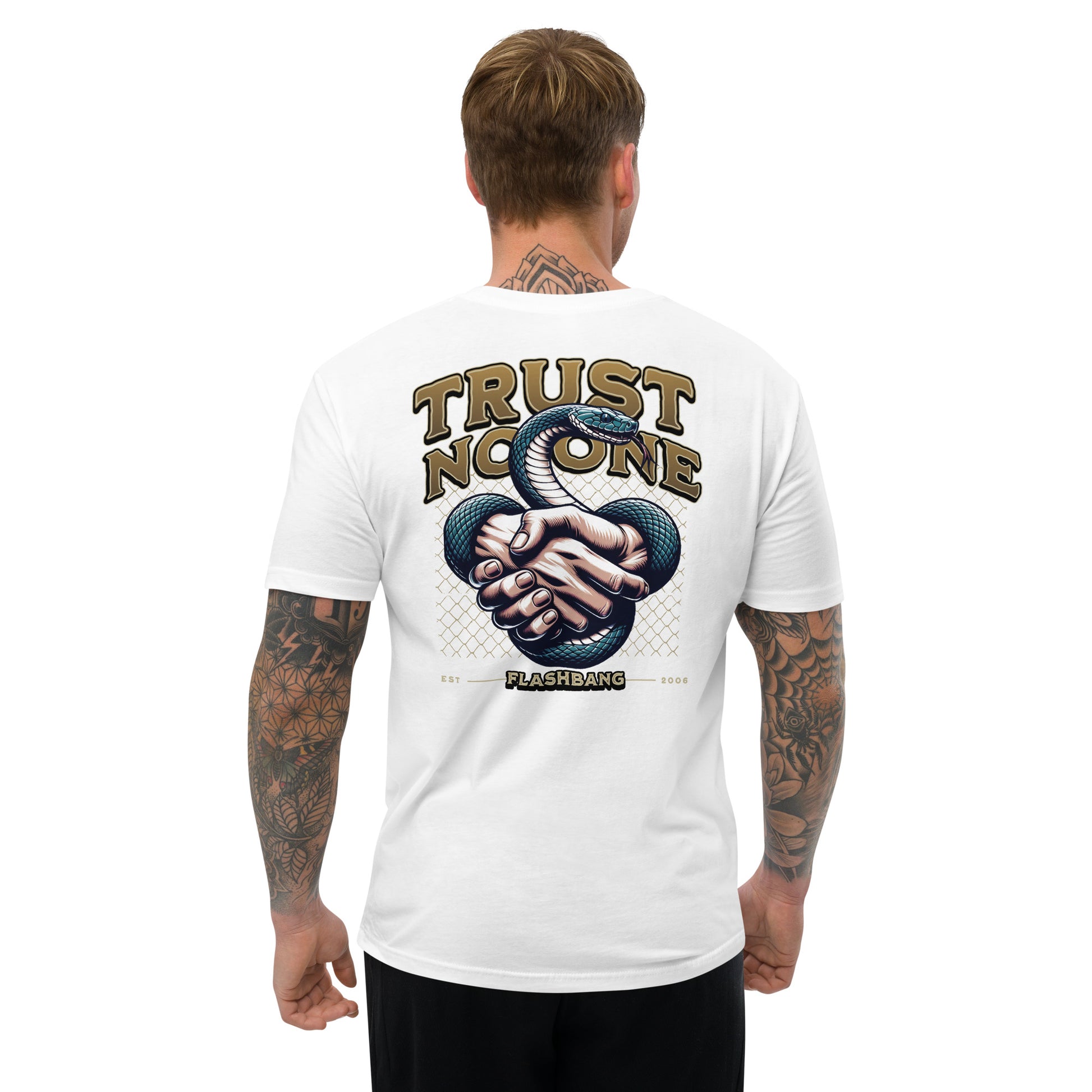 Trust No One T-shirt with bold graphic design featuring a snake and handshake - Back View - White - Model Guy
