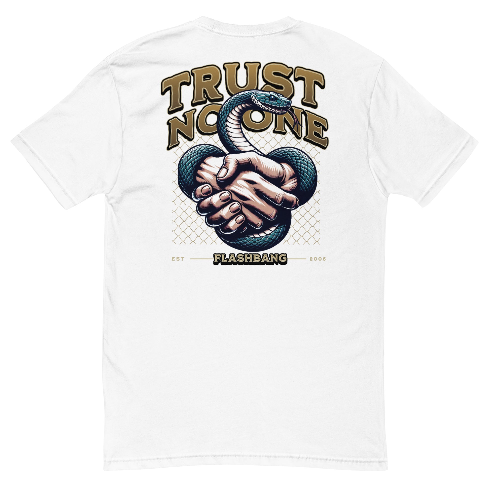 Trust No One T-shirt with bold graphic design featuring a snake and handshake - Back View - White