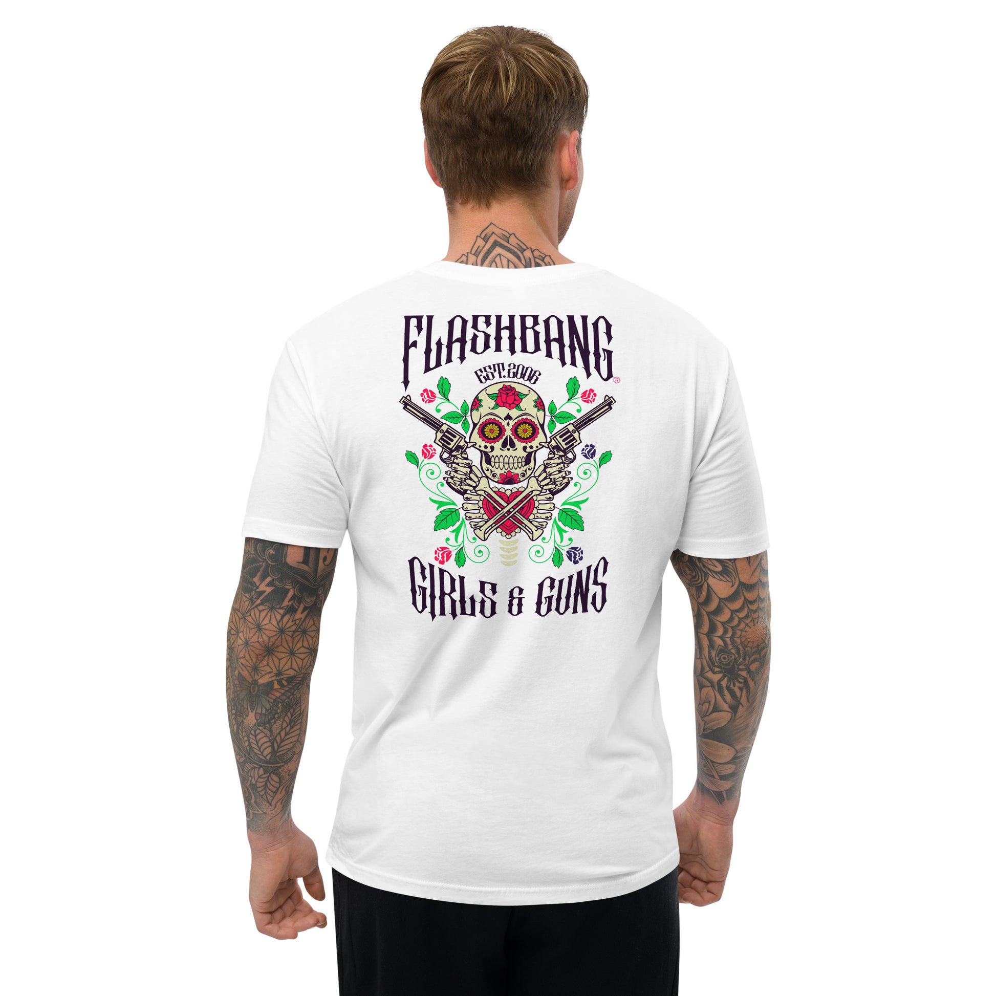 Gun and Roses T-shirt featuring a floral skull and guns design - Back View - White  - Model Guy