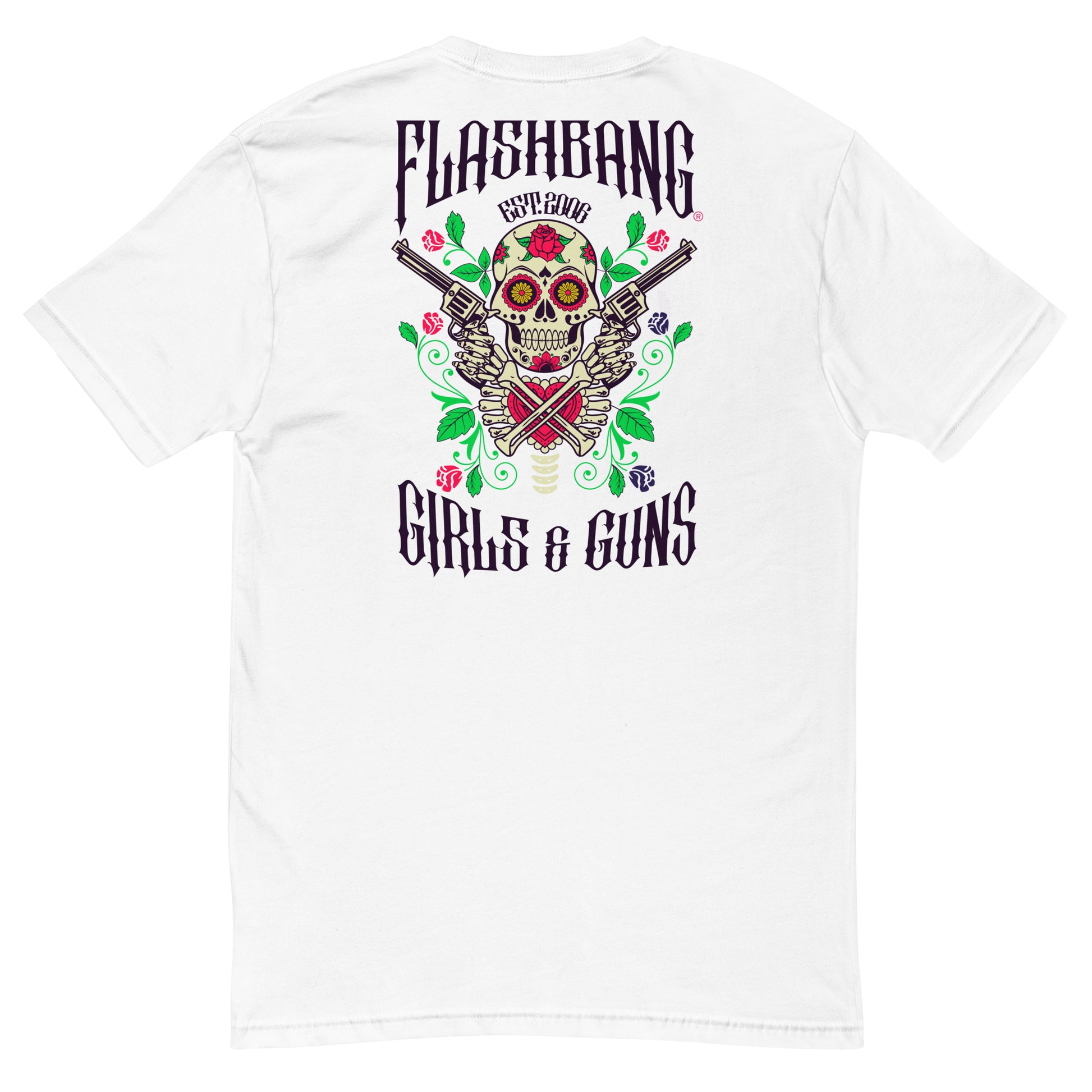 Gun and Roses T-shirt featuring a floral skull and guns design - Back View - White