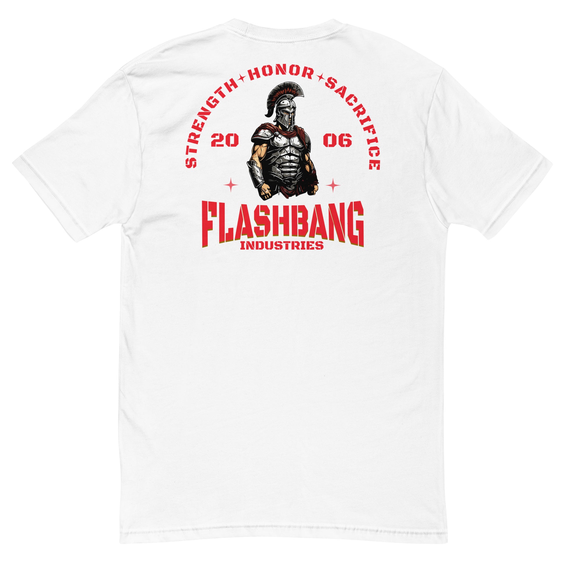 Strength Honor Sacrifice Lite T-shirt featuring warrior, spartan, and gladiator design for men who value strength, honor, and sacrifice - Back View - White
