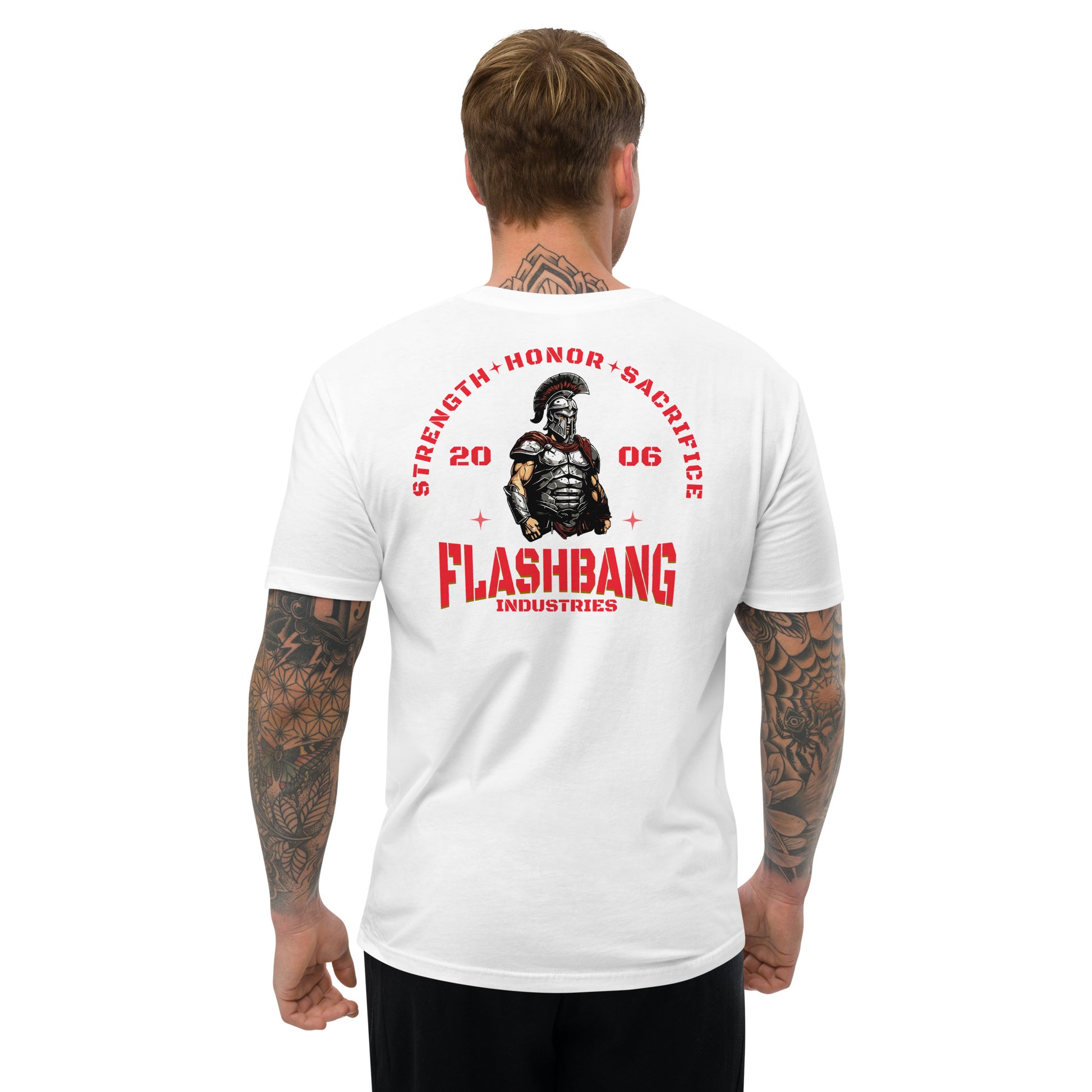 Strength Honor Sacrifice Lite T-shirt featuring warrior, spartan, and gladiator design for men who value strength, honor, and sacrifice - Back View - White - Model Guy