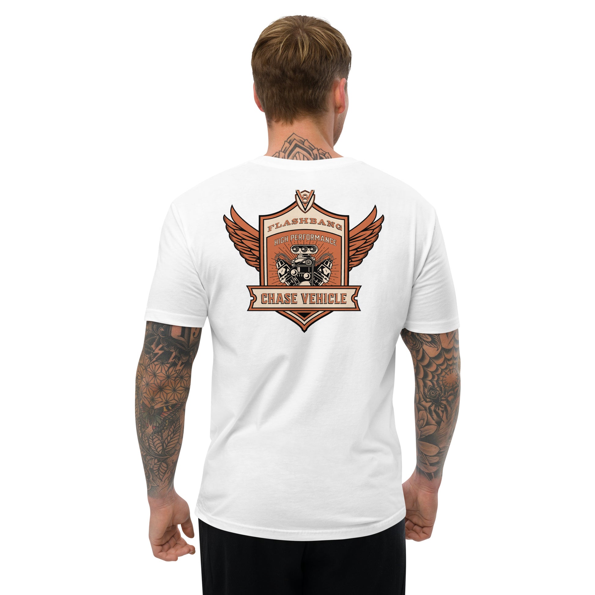 Chase Vehicle Lite T-shirt, police-inspired design symbolizing duty and pride - Back View - White - Model Guy