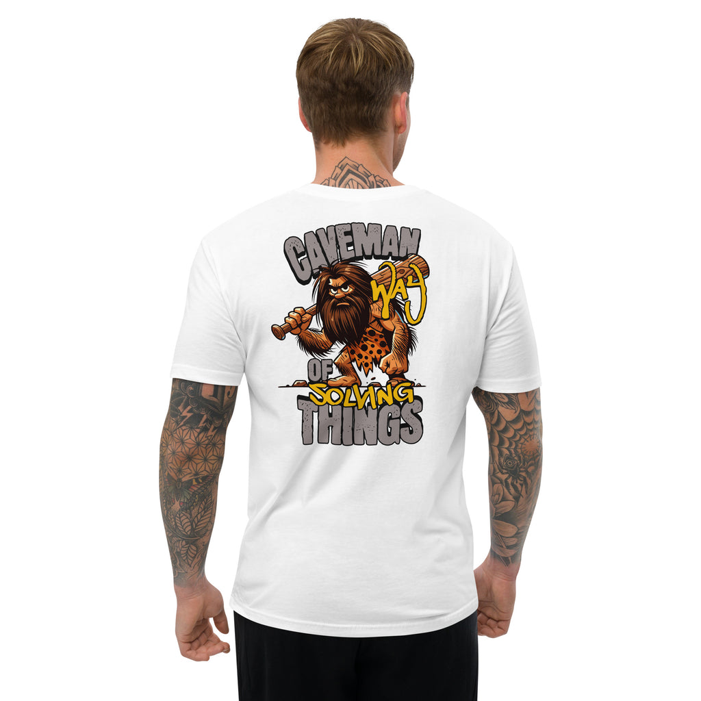Caveman Way Lite T-shirt with Cave Man Way of Solving Things text - Back View - White - Model Guy