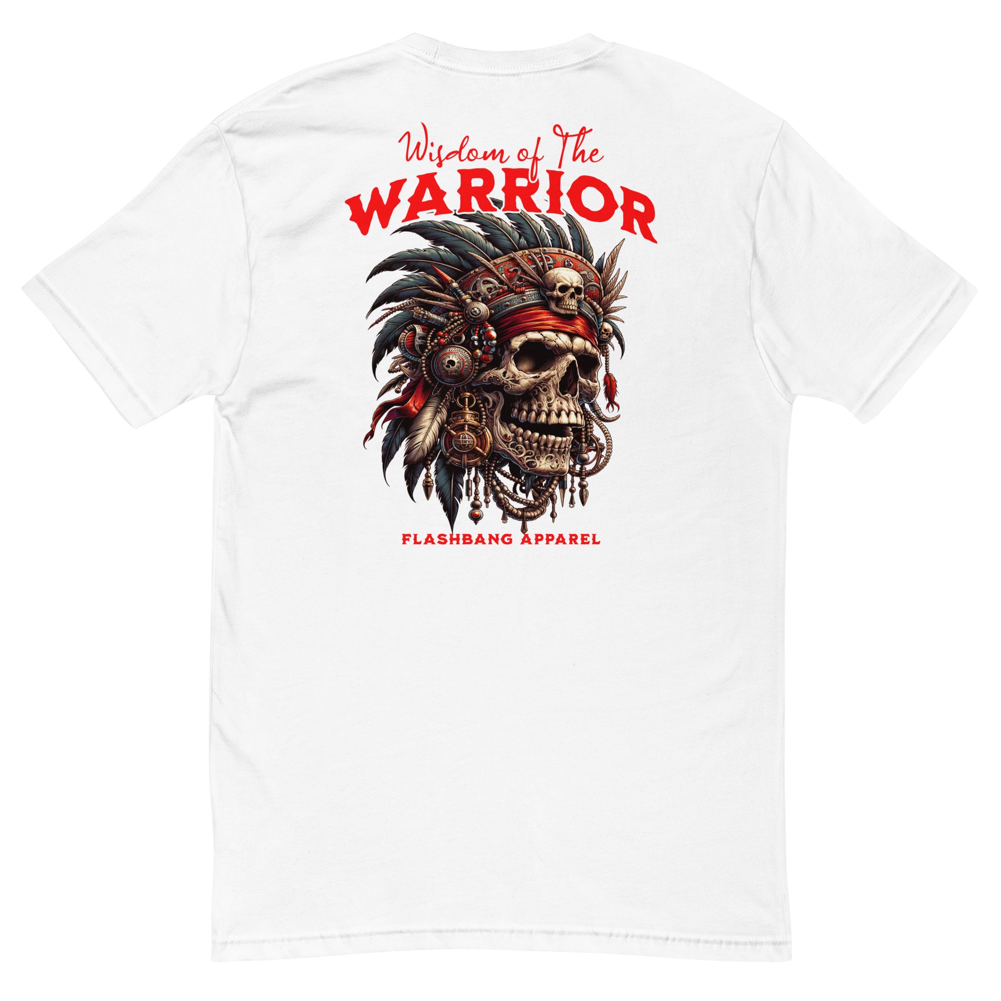 Graphic t-shirt featuring a tribal warrior skull with feathers, gothic design - Back View - White