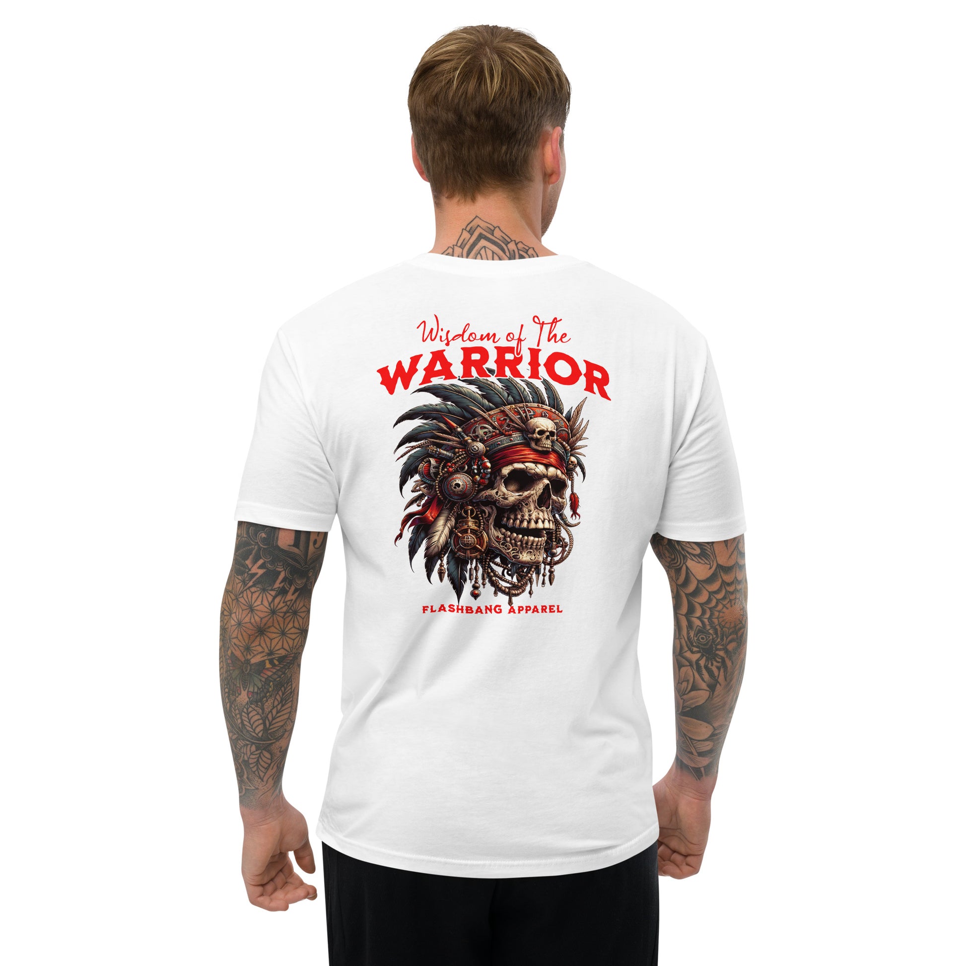 Graphic t-shirt featuring a tribal warrior skull with feathers, gothic design - Back View - White - Model Guy