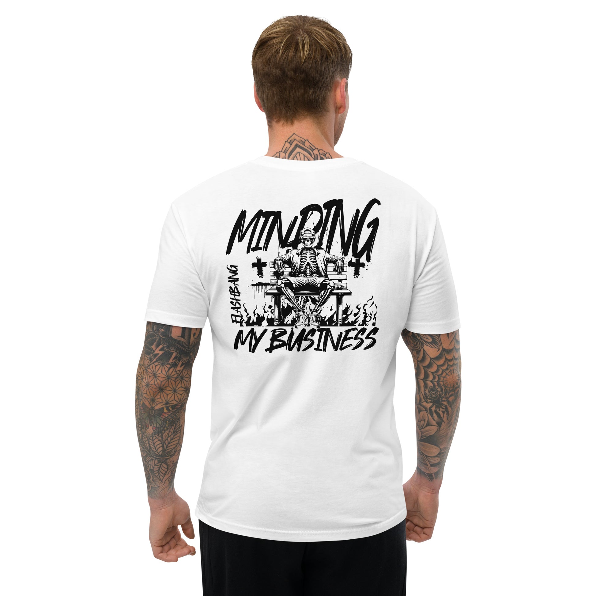 Minding My Business Lite T-shirt with a skeleton graphic and humorous quote - Back View - White - Model Guy