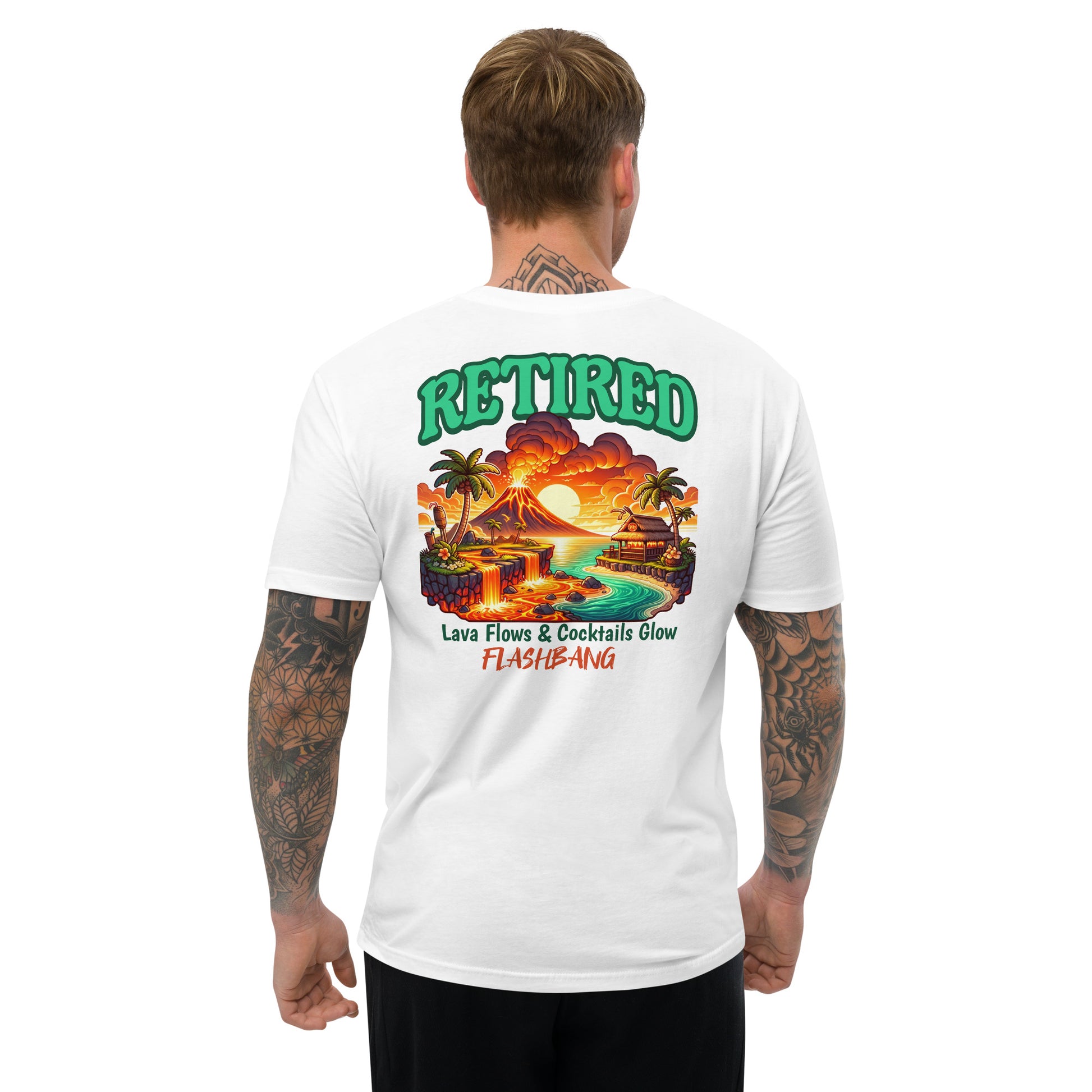 Retired Lite T-Shirt with bold graphic design, perfect retirement tee shirt for veterans - Back View - White - Model Guy