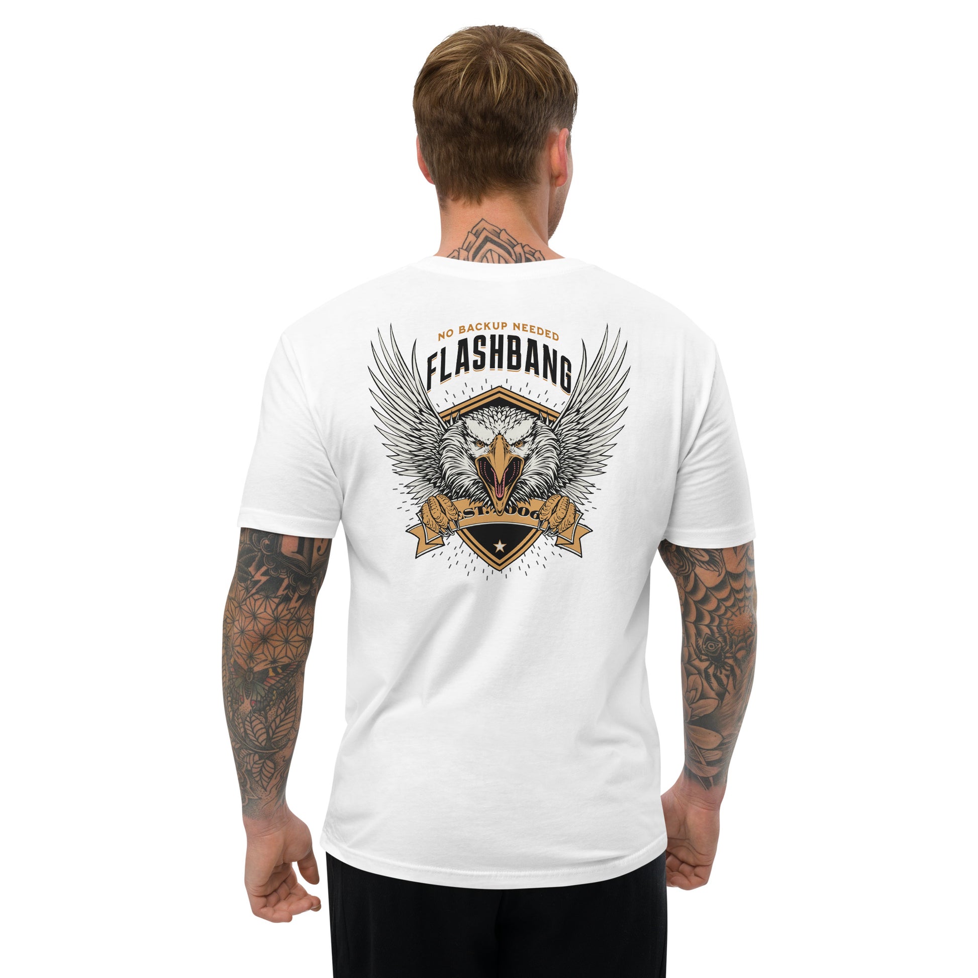 No Backup Needed Lite T-shirt featuring American eagle design - Back View - White - Model Guy