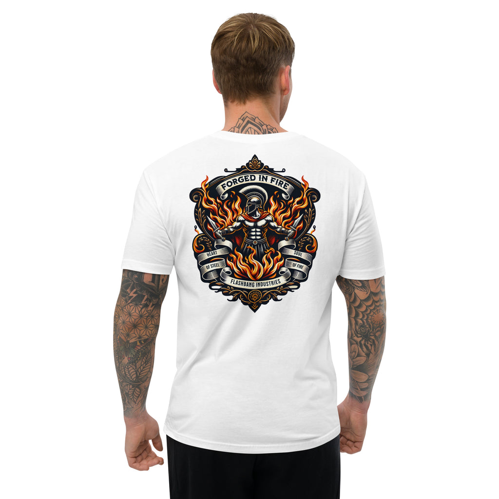 Forged in Fire Lite T-shirt featuring Spartan graphic, ideal for firefighters and those who embody strength and courage - Back View - White - Model Guy