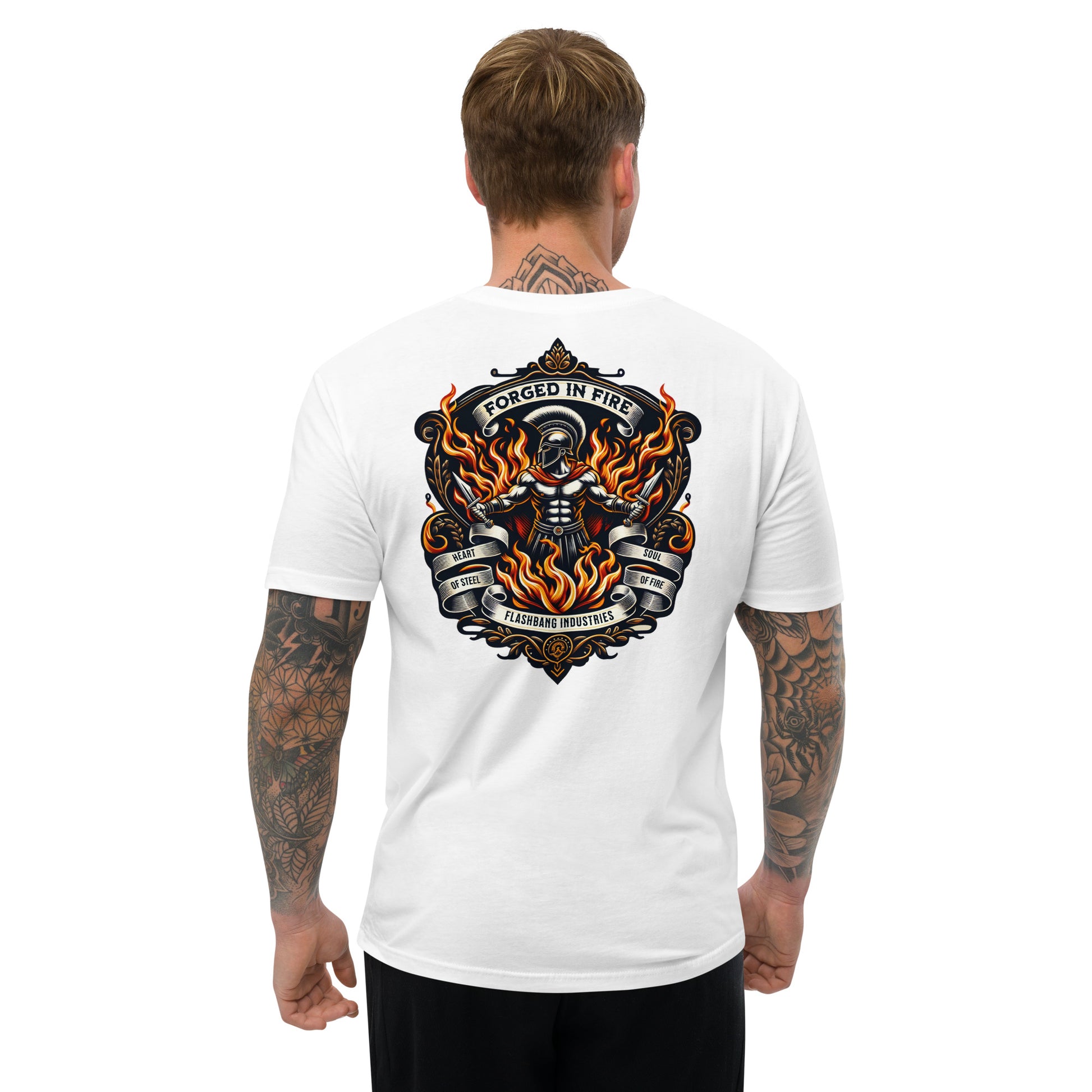 Forged in Fire Lite T-shirt featuring Spartan graphic, ideal for firefighters and those who embody strength and courage - Back View - White - Model Guy