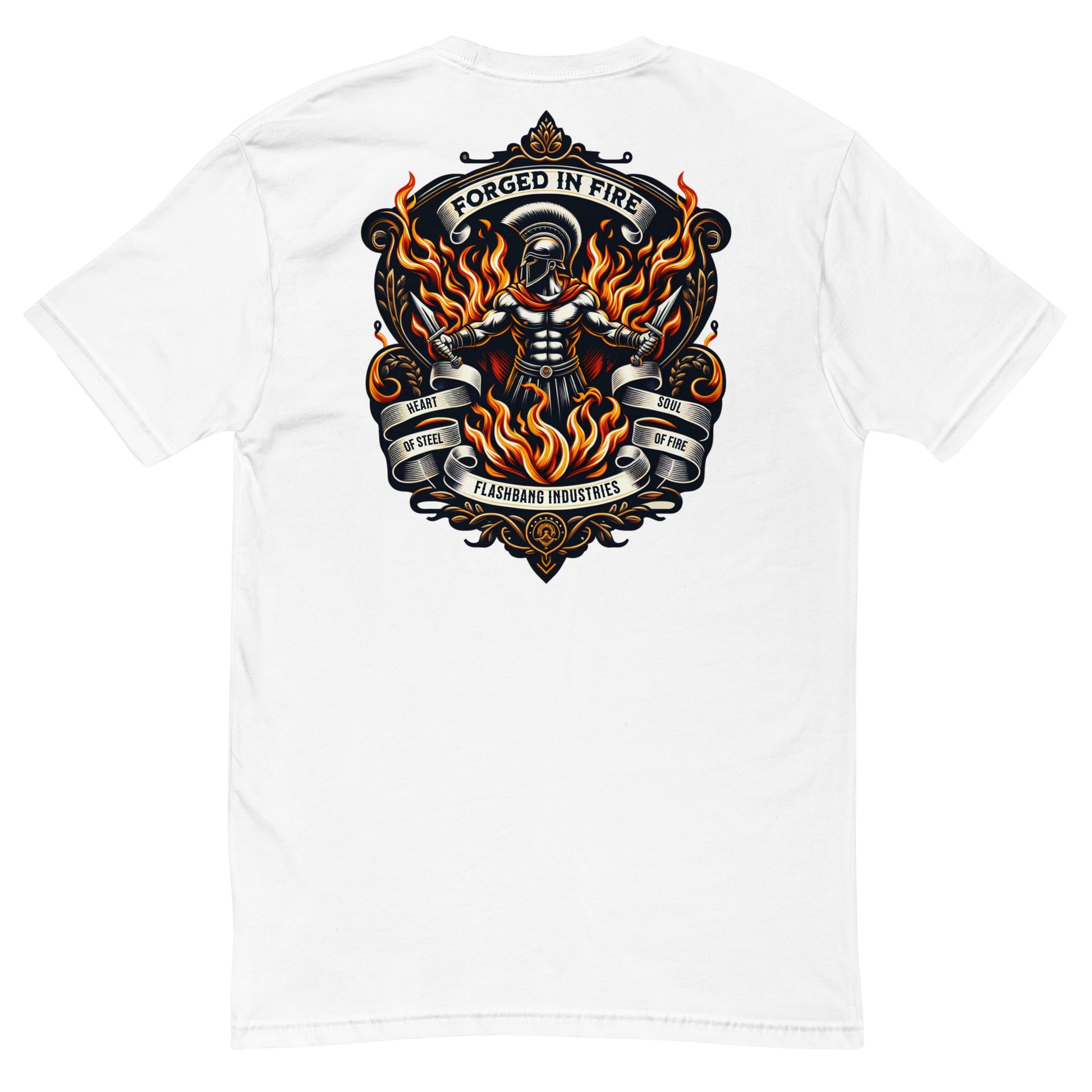 Forged in Fire Lite T-shirt featuring Spartan graphic, ideal for firefighters and those who embody strength and courage - Back View - White