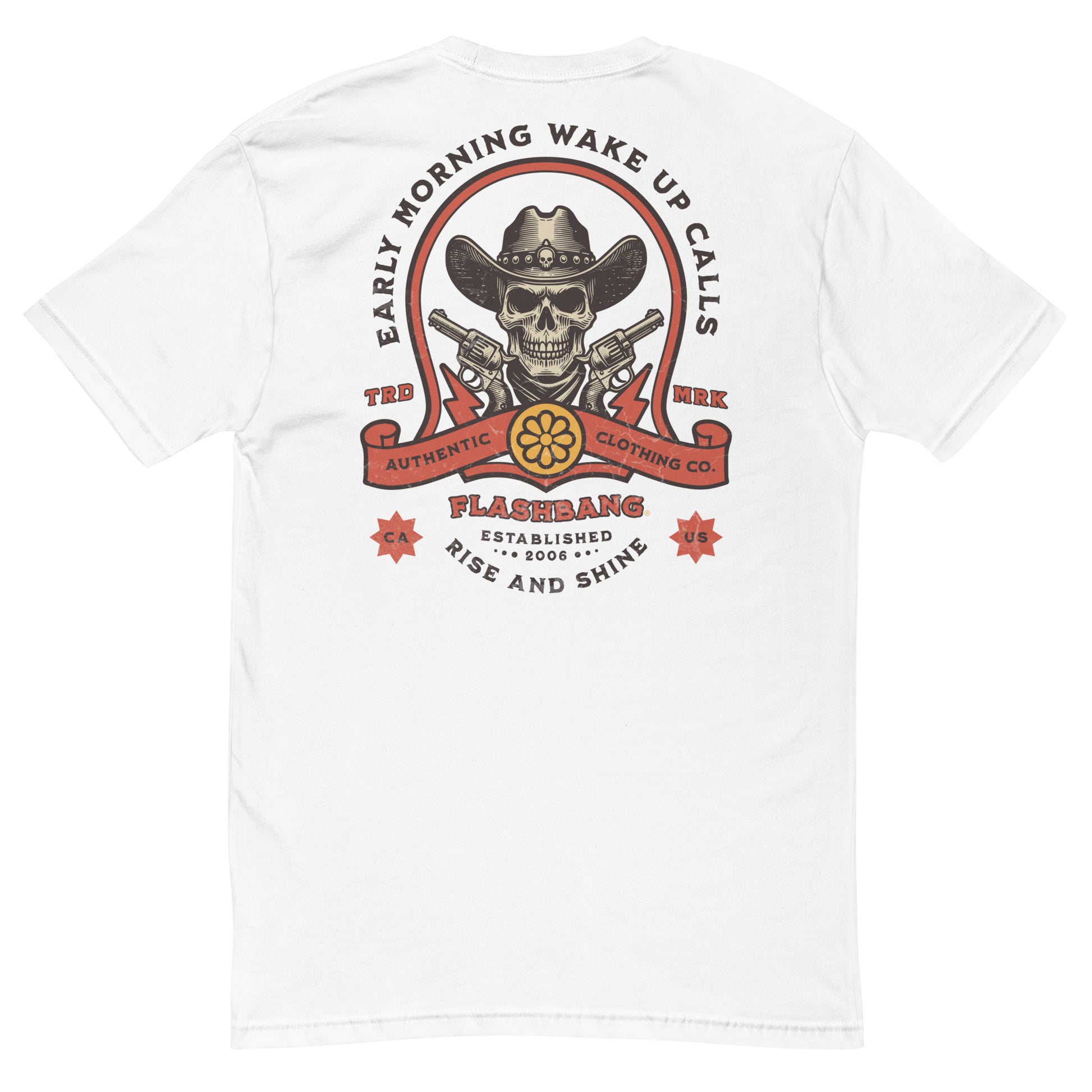 Wake Up Call Lite T-shirt featuring cowboy skull graphic with guns, western style t-shirt - Back View  - White