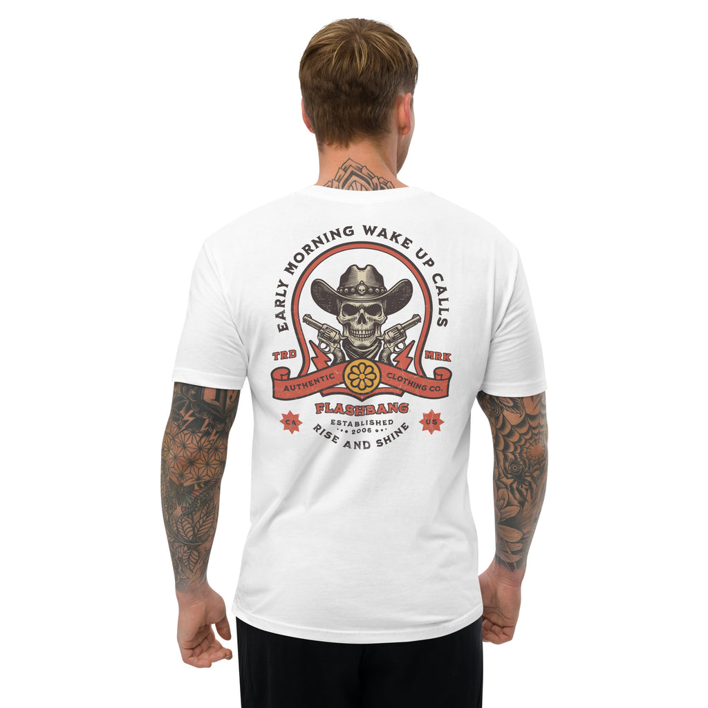 Wake Up Call Lite T-shirt featuring cowboy skull graphic with guns, western style t-shirt - Back View  - White - Model Guy