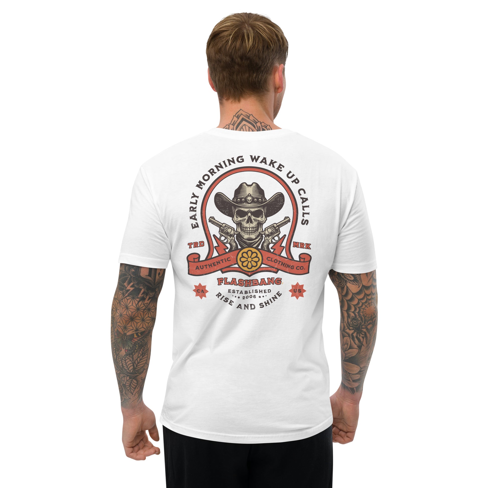 Wake Up Call Lite T-shirt featuring cowboy skull graphic with guns, western style t-shirt - Back View  - White - Model Guy