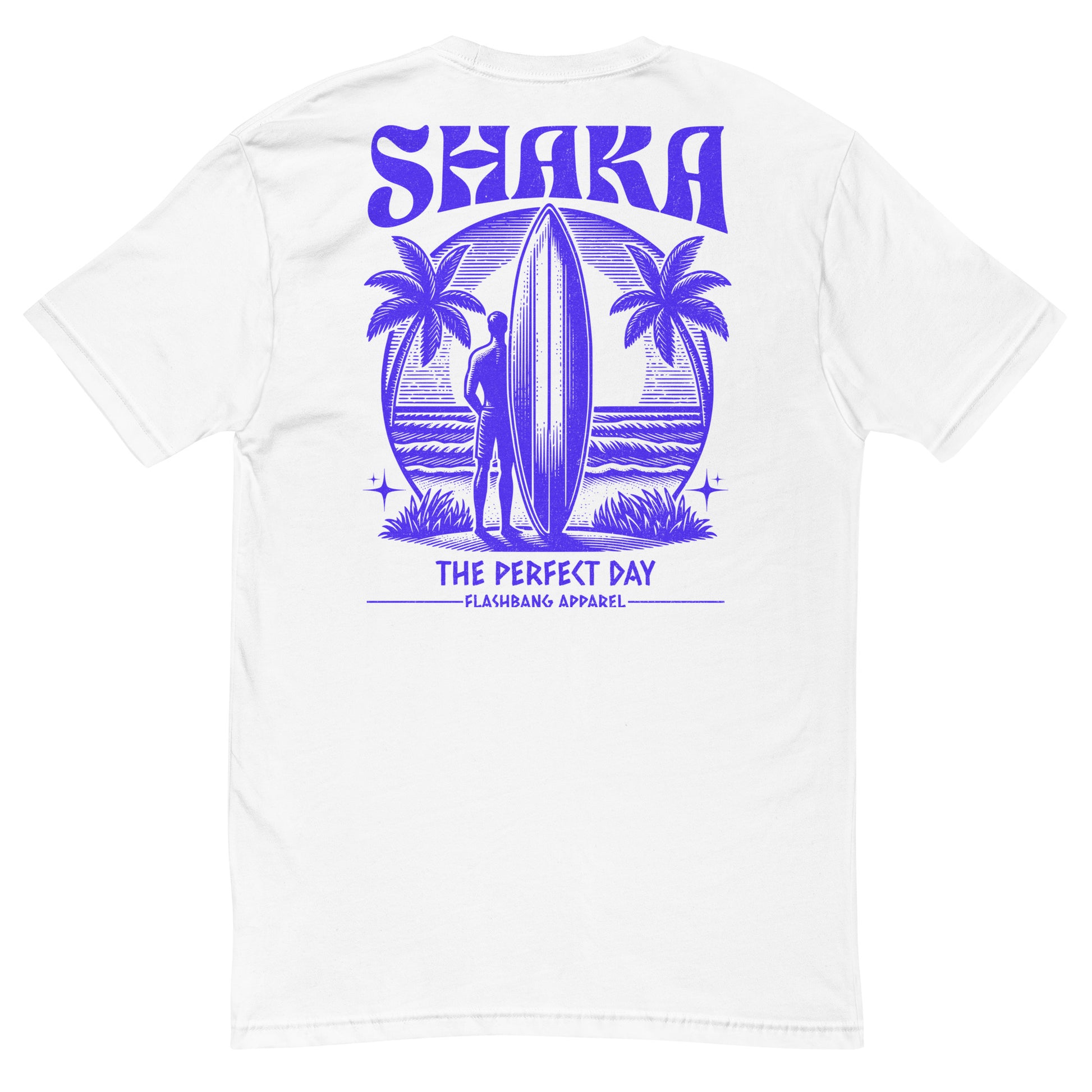 White t-shirt with purple 'Shaka' and beach graphic on a white background