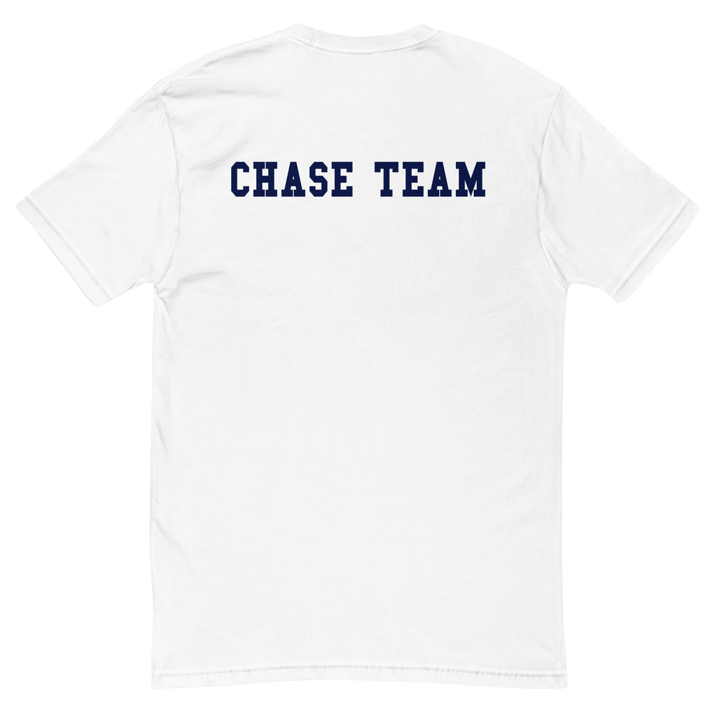 White t-shirt with 'CHASE TEAM' text on the back against a white background