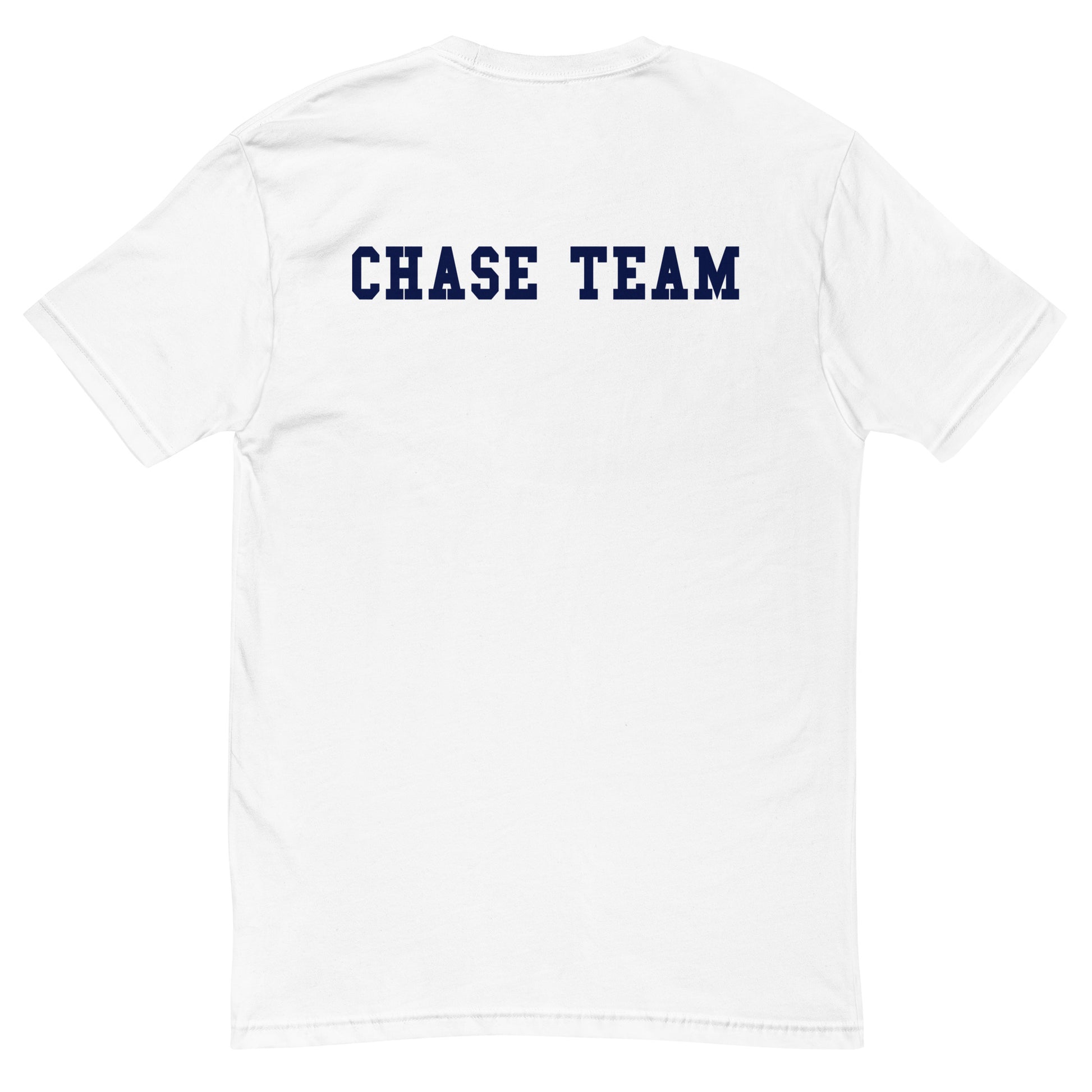 White t-shirt with 'CHASE TEAM' text on the back against a white background