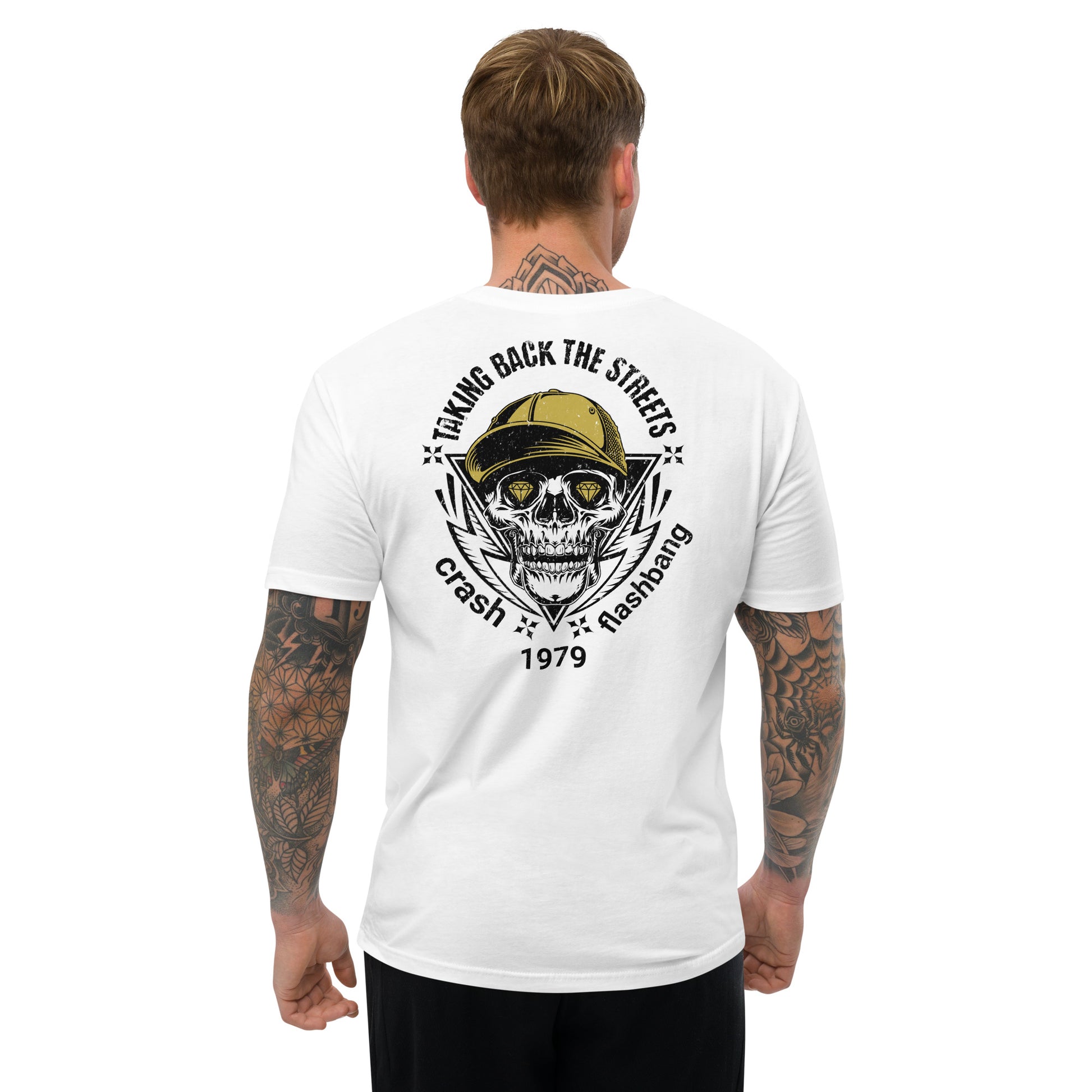 Man wearing a white t-shirt with a skull graphic and text on the back, on a white background