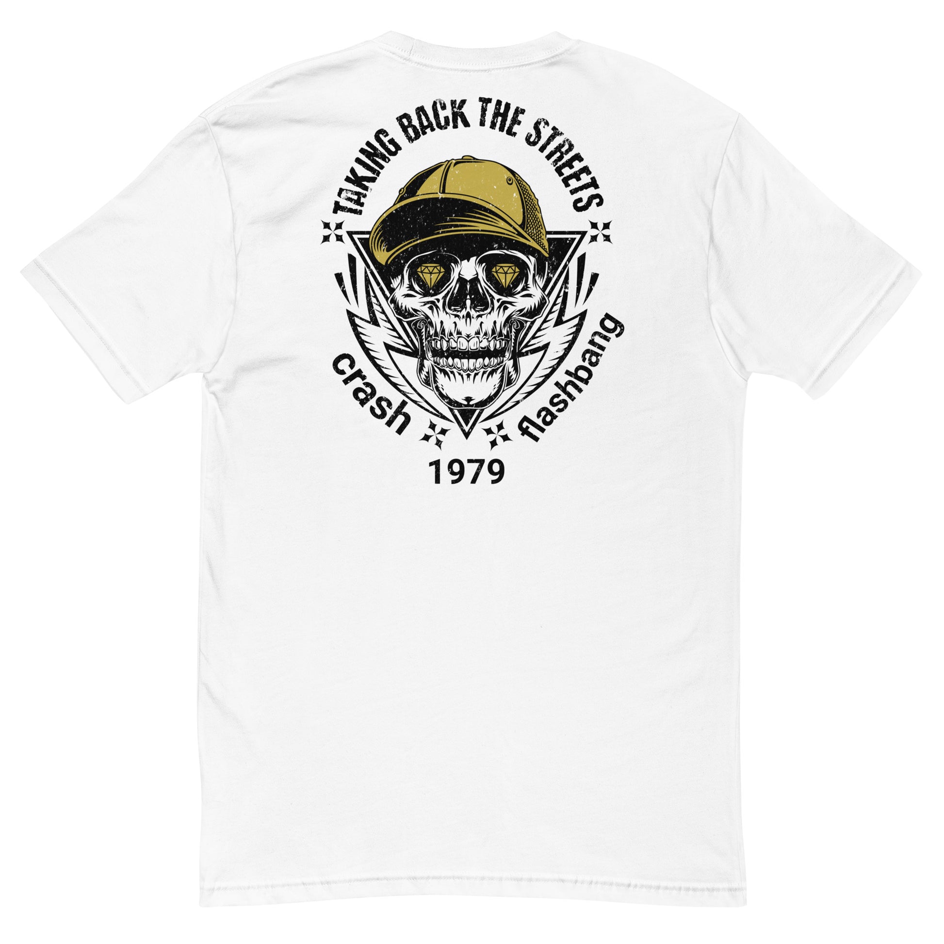 White t-shirt with a skull wearing a cap graphic and text on the back