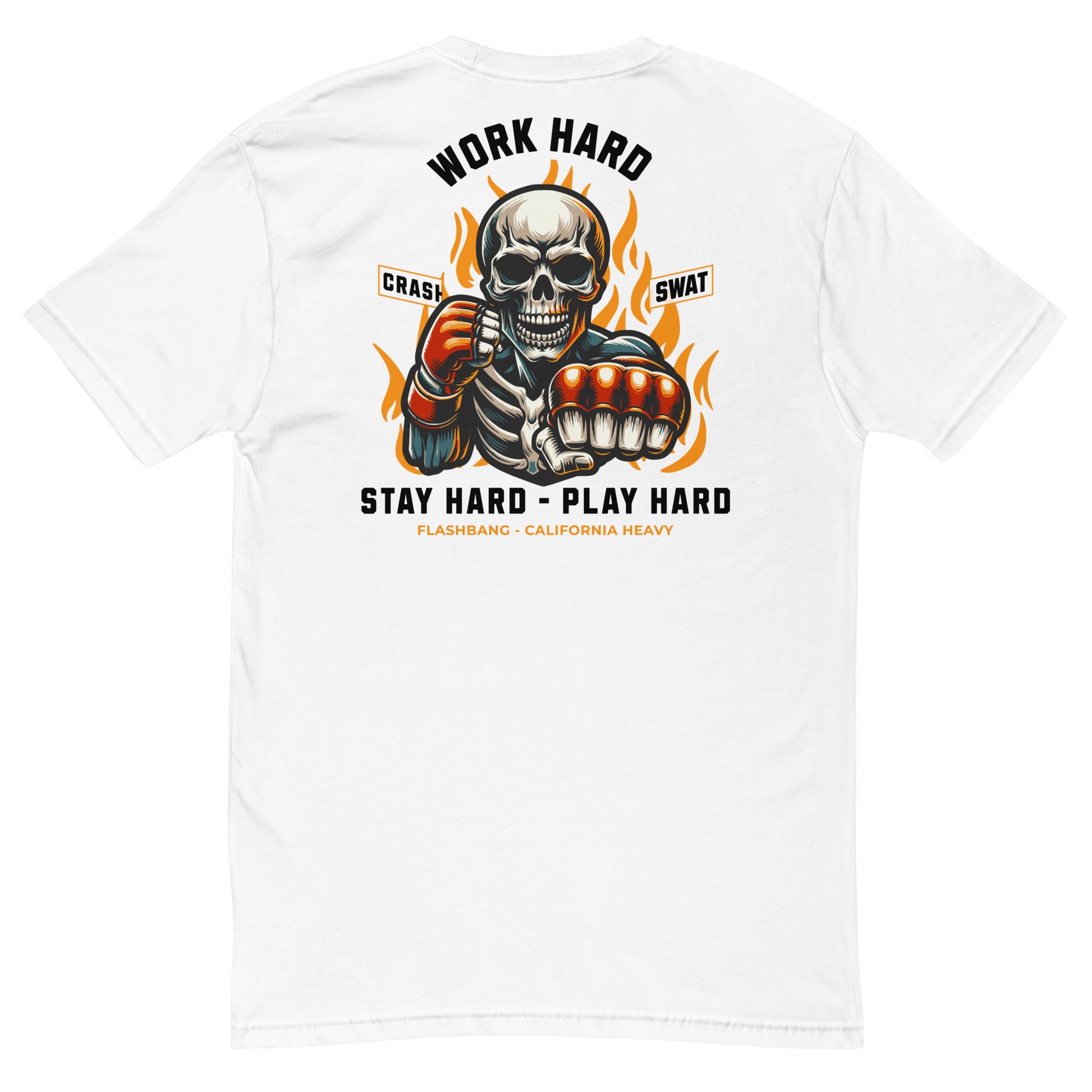 White t-shirt with a graphic design featuring a skull and text on a white background