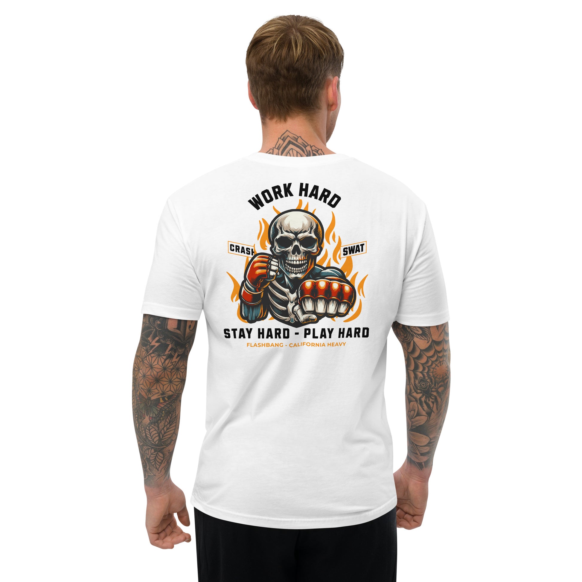 Man wearing a white t-shirt with a graphic design and text on the back, on a white background.