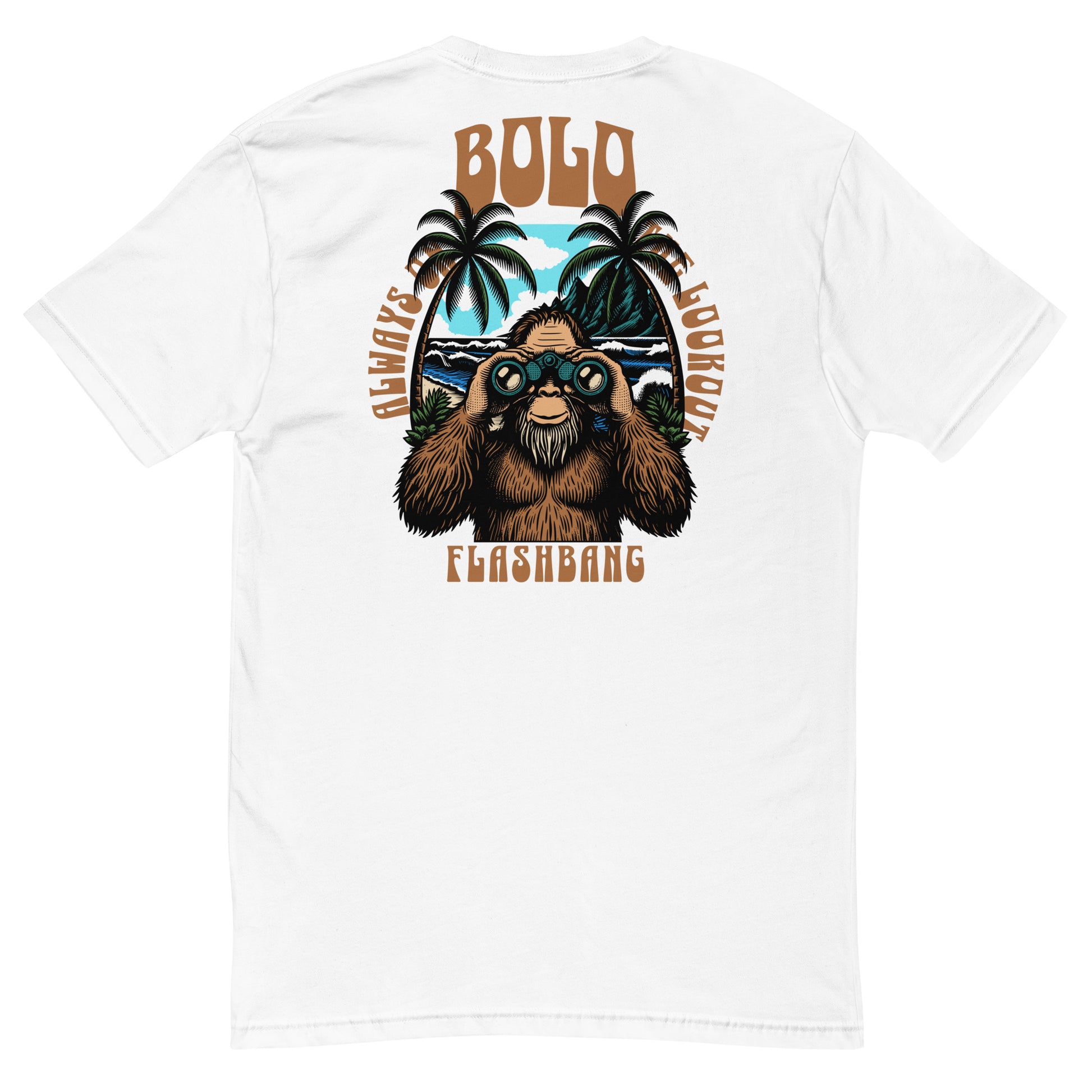 White t-shirt with a graphic of a bear holding binoculars, palm trees, and text on the back.