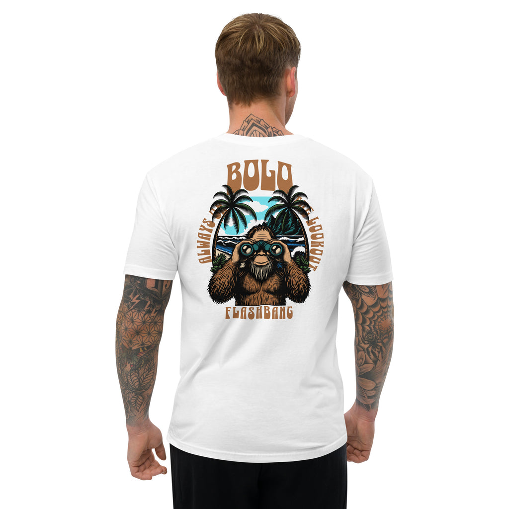 Man wearing a white t-shirt with a graphic design on the back, featuring a bear and palm trees.