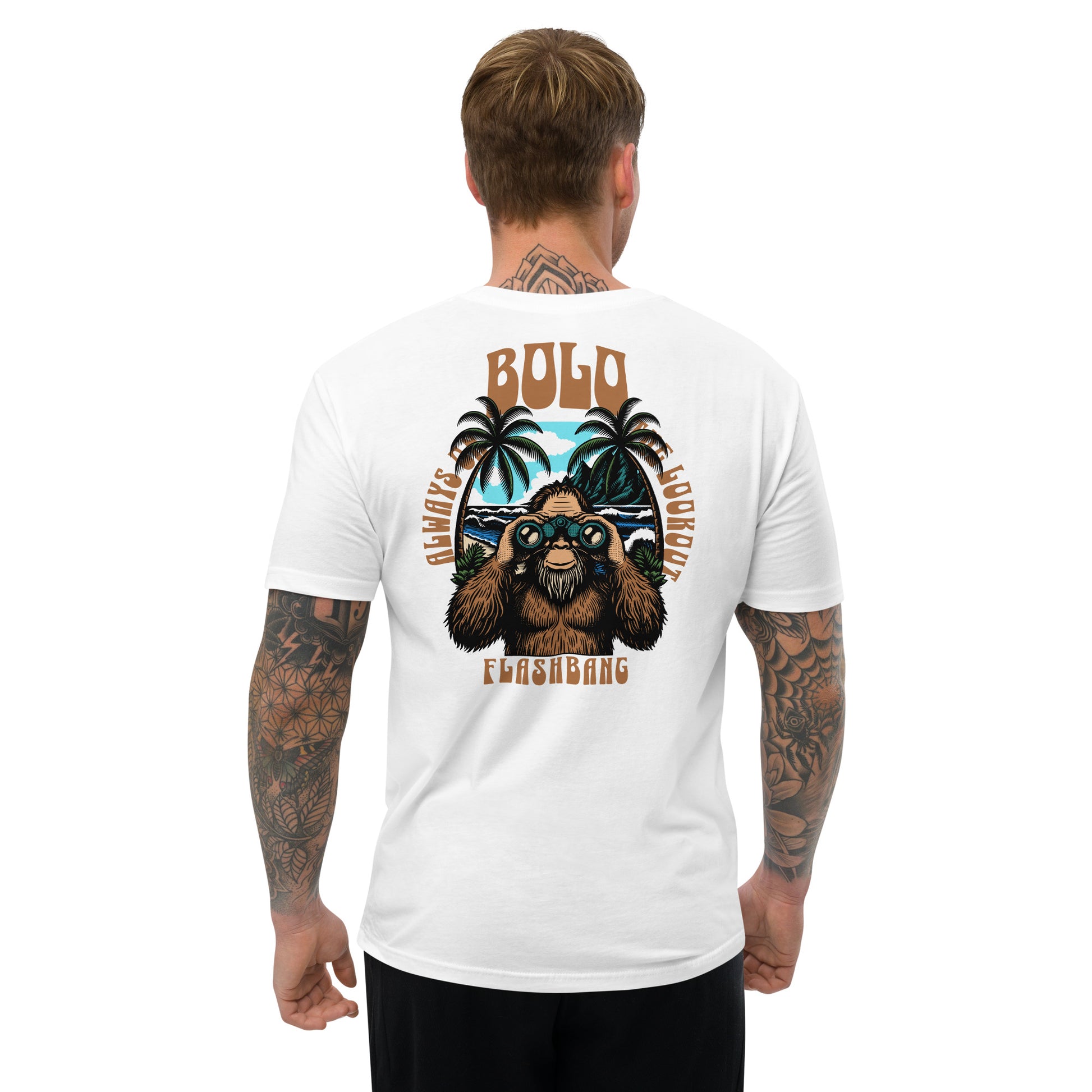 Man wearing a white t-shirt with a graphic design on the back, featuring a bear and palm trees.