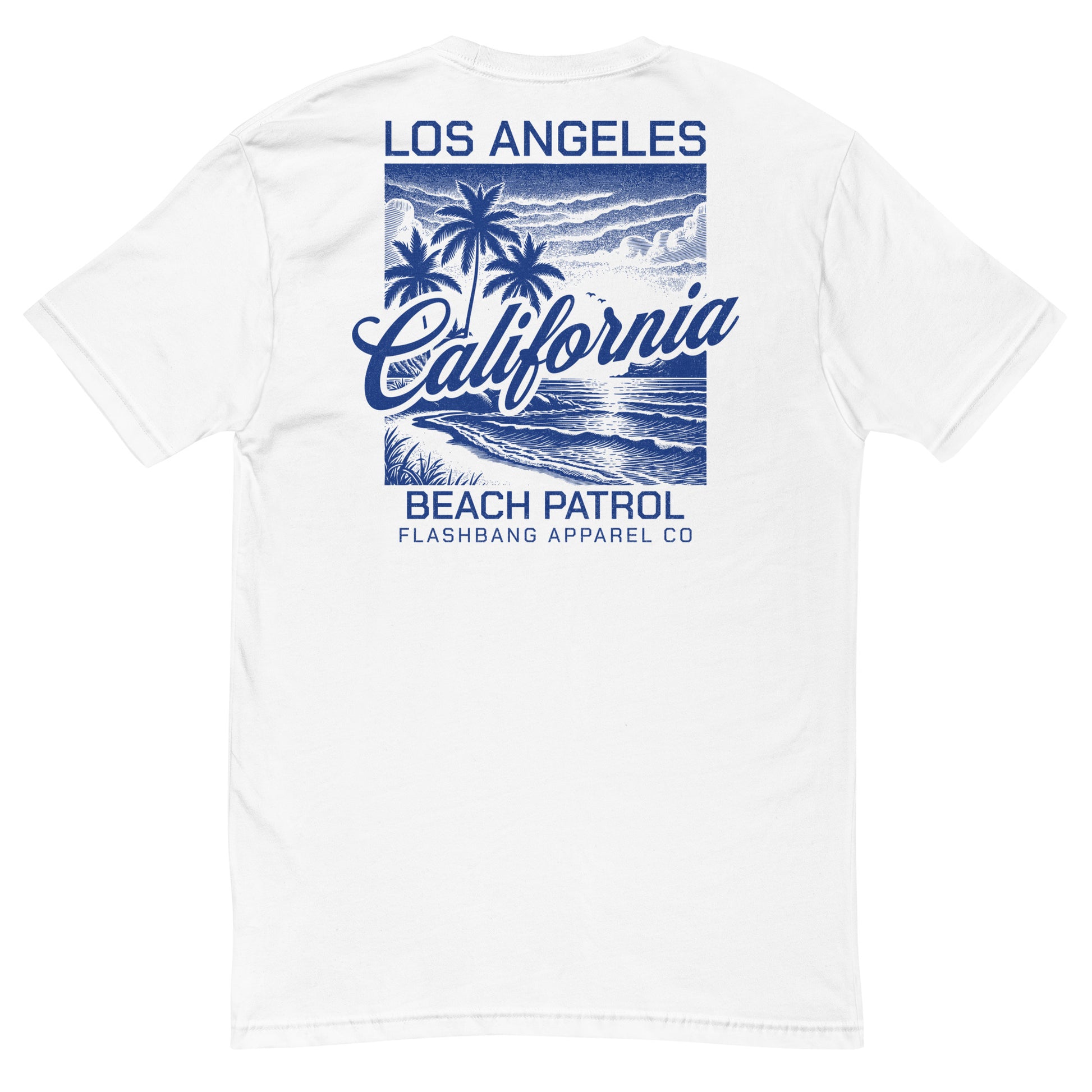 White t-shirt with blue 'Los Angeles California Beach Patrol' design on the back, featuring palm trees and waves.