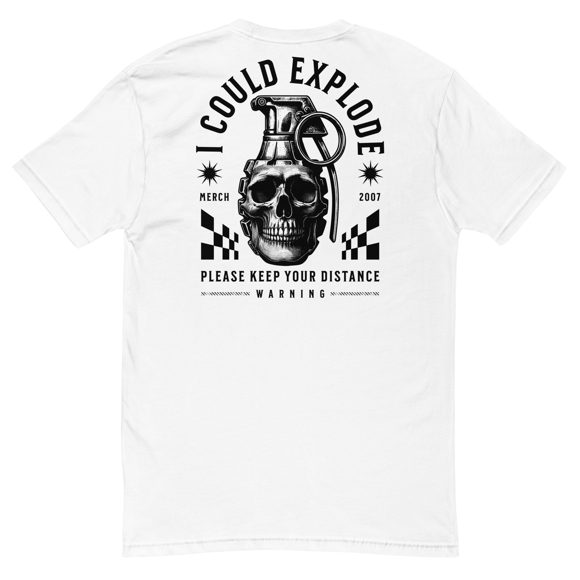 White t-shirt with a graphic design featuring a skull and grenade on the back.