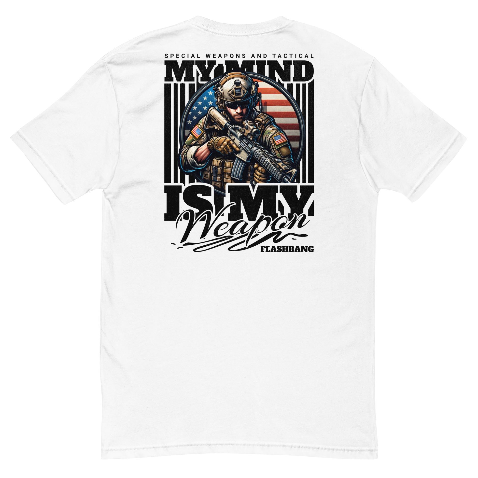 White t-shirt with graphic design of a soldier and text on a white background