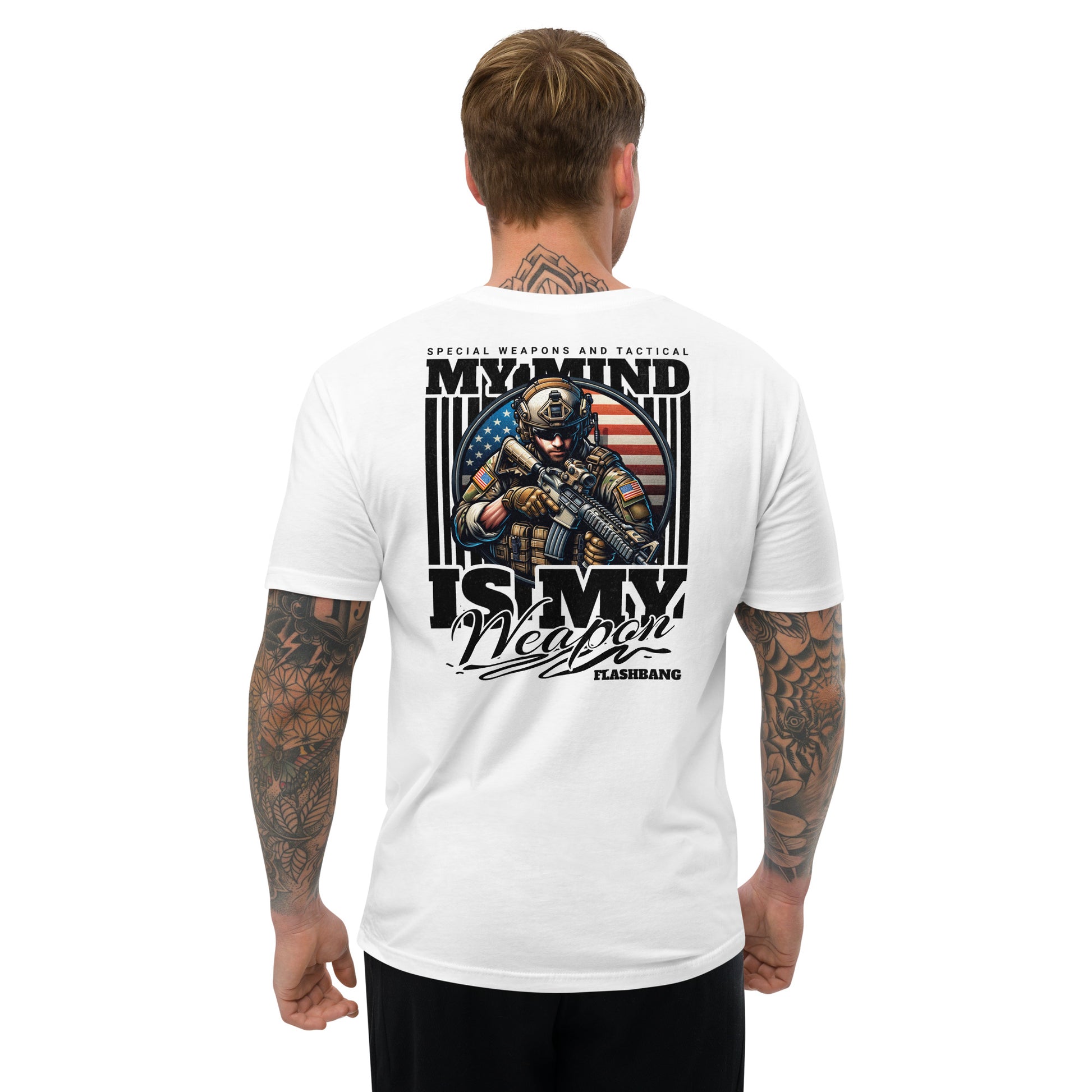 White t-shirt with graphic design and text on the back, worn by a person.
