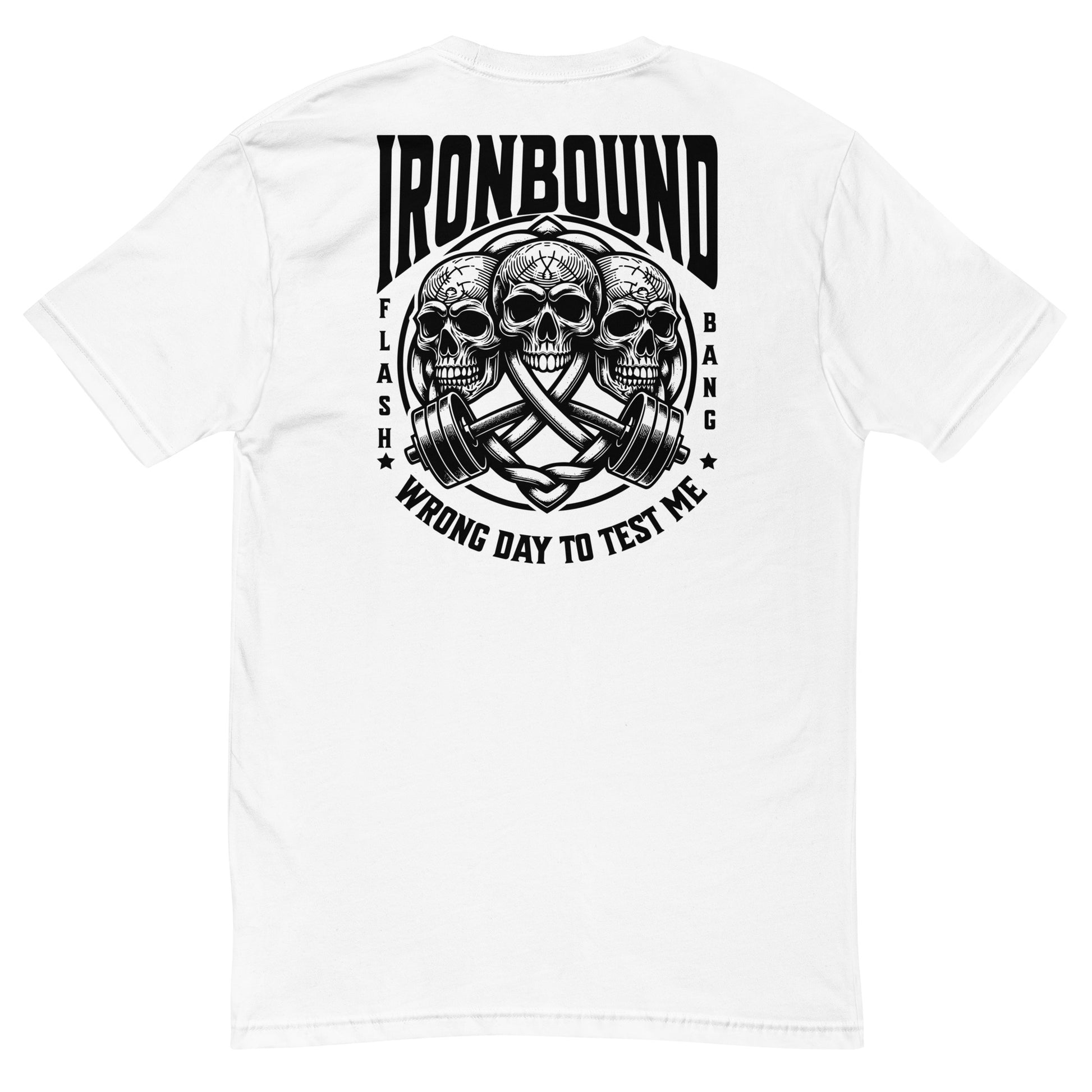 White t-shirt with black graphic design and text on a white background