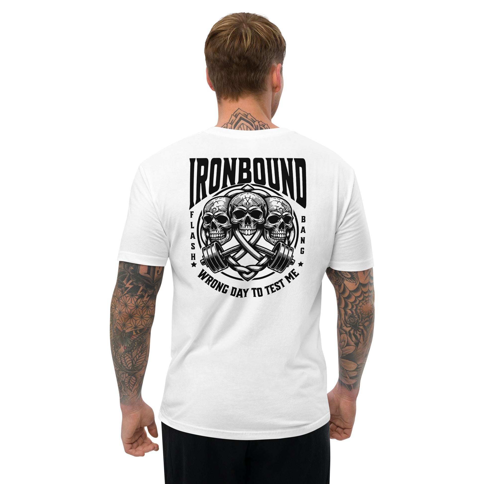 Man wearing a white t-shirt with 'Ironbound' logo and text on the back, on a white background