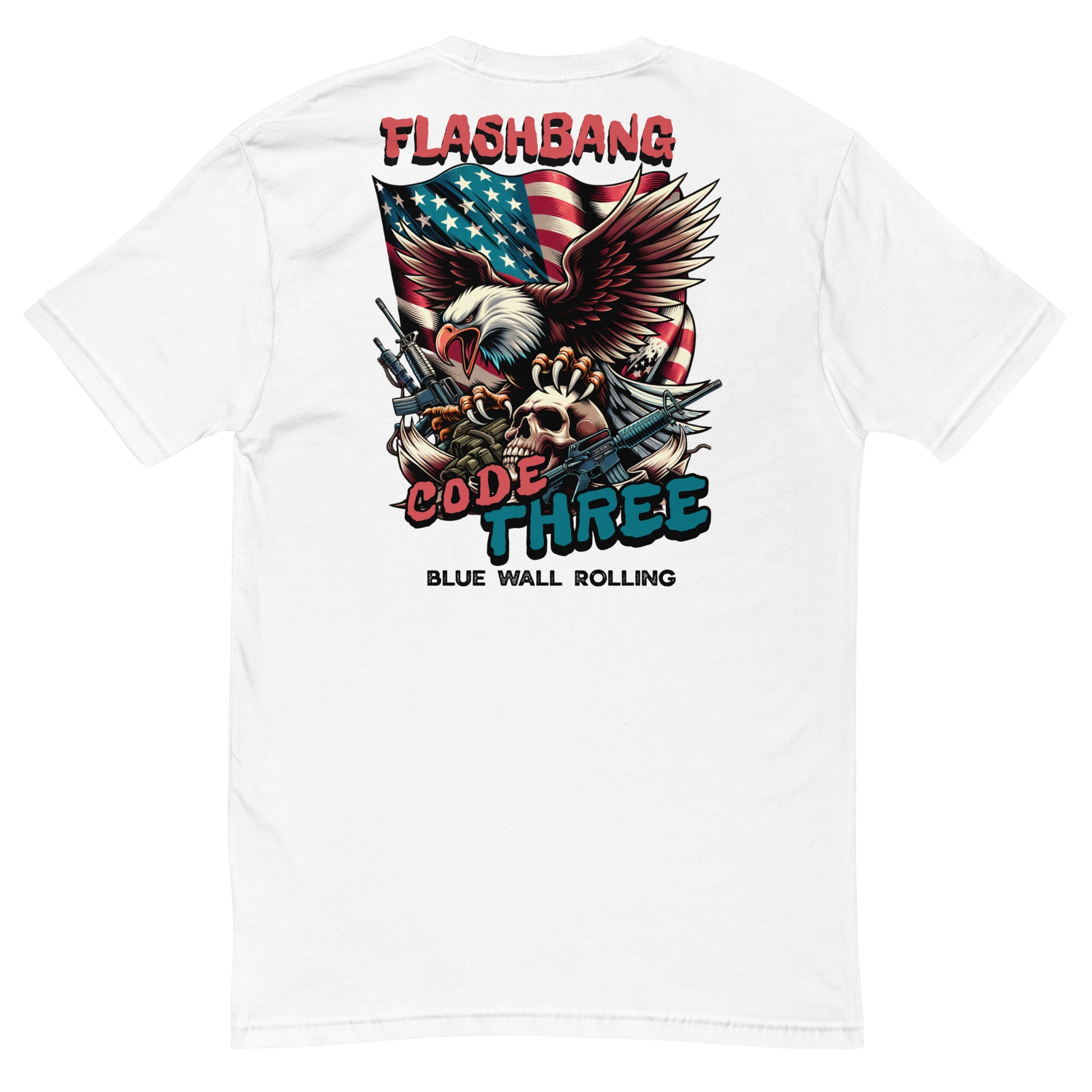 White t-shirt with graphic design featuring an eagle, American flag, and text on a white background