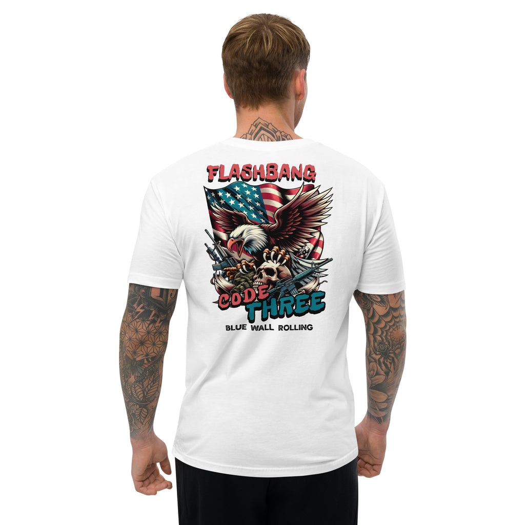 Man wearing a white t-shirt with a graphic design on the back, featuring an eagle and text.